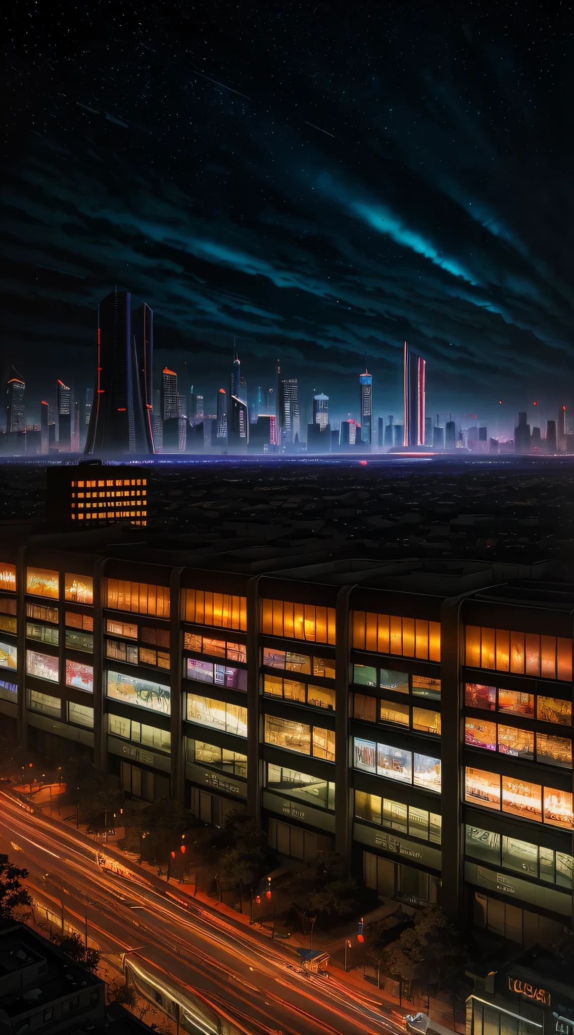 The painting depicts a surreal and futuristic landscape, A blend of awe-inspiring beauty and terror. The sky is deep, Pulsed red, The clouds seem to be alive，On the move. In the distance, Great city view view, towering skyscrapers, Neon lights, and a row of buildings. The city is illuminated by various colors and displays, Adds an overall feeling of awe and wonder.

Sin embargo, There is also a sense of horror in the picture. Buildings and structures appear to be in a state of decay and disrepair, Broken windows, Missing parts, and cracked facades. The city is vibrant, But there is a sense of confusion and unease, It seems that something is wrong.

In the foreground, There is a huge one, Sentient beings, With a distorted and inhuman appearance. Presence consists of wires, circuit, and mechanical parts, It seems to be coming out of the ground, As if rising from the depths of the earth. Its eyes glow with an intense, Red light, Its mouth opened, Rows of sharp sharpness are revealed, Metal teeth.

The background is shrouded in darkness, Only a few, Dim lights are visible in the distance. There is a sense of the unknown and uncertainty, As if the world beyond the cityscape is vast and wild.

The painting captures the essence of a surreal and futuristic world, A blend of awe-inspiring beauty and terror. The images are visually stunning, It shows the world in new and unusual eyes, A mix of the familiar and the unknown.

High detail RAW color art, animation, Cartoon, (white theme), (intricately details, Fine details, ultra - detailed), Ray traching, Subsurface scattering, ((pastel colour)), diffused soft lighting, Shallow depth of field, By (Oliver Wetter), author：Stanley Kubrick, shot on a Canon EOS R5, 28mm lens, f/2.8, Sharp focus bokeh