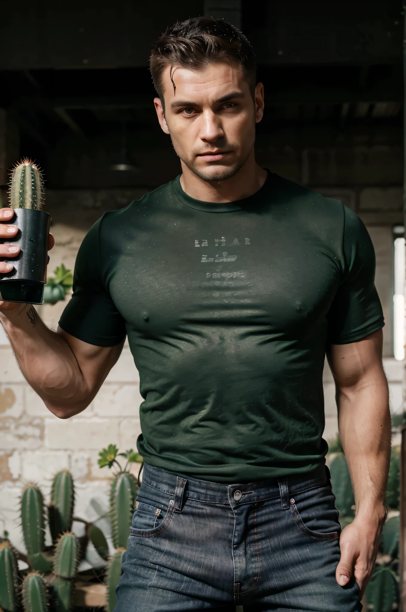 a model man with scars in face, full body, black denim, green t-shirt, realistic,highres,(best quality,professional),detailed facial features,bulging muscles,ripped body,gritty texture,stubble,strong jawline,intense gaze,dark background,vivid colors,natural lighting, cactus in a hand, cacti in the background