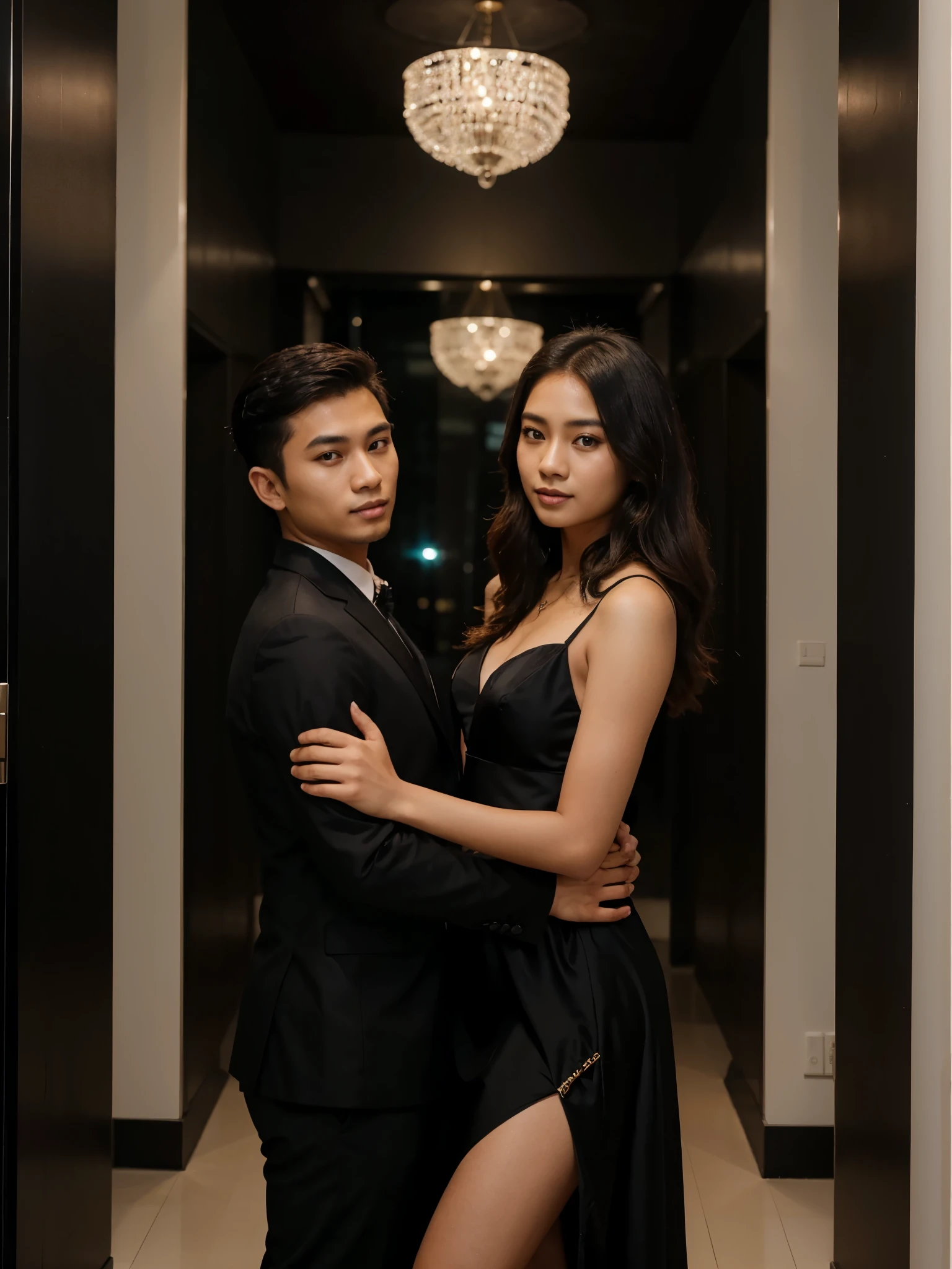 a handsome young Indonesian man with short hair, took a photo together with a beautiful young Indonesian woman with long wavy hair dressed in an elegant formal black party dress. at a building party.