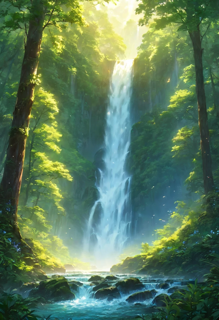 The waterfall pouring down in the forest is like a fairyland. A beautiful artistic illustration, nature原始, Forest magic, fantasy art, 数字二维fantasy art, Anime Fantasy Illustration, Beautiful digital art work, fantasy numbers, Digital Fantasy Illustration,Beautiful illustration, detailed 数字二维fantasy art, nature.