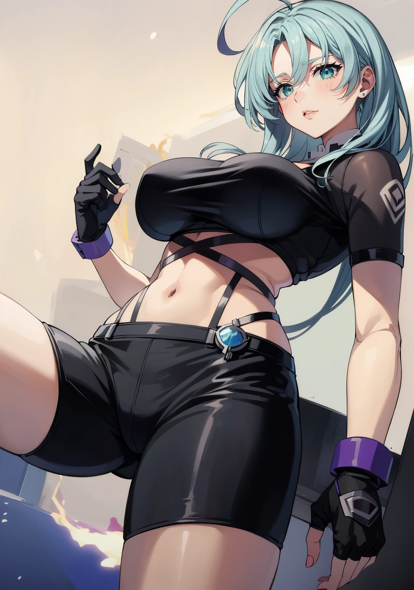 sentouinsnow, blue hair, long hair, blue eyes, large breasts, ahoge, anime girl with black outfit posing in front of a lightning, character from king of fighters, female protagonist 👀 :8, badass pose, badass anime 8 k, motoko kusanagi, detailed fanart, highly detailed exquisite fanart, thicc, commission for high res, anime moe artstyle, ilya kuvshinov. 4 k, anime style characterm, hollow eyes, facing viewer, lips, aqua eyes, expressionless