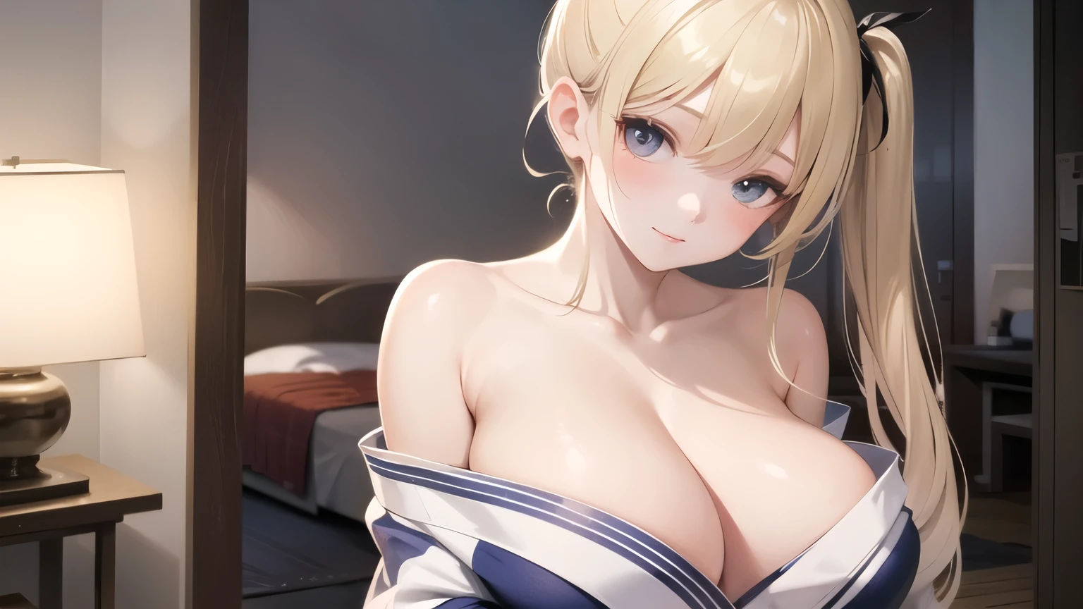 (((masterpiece, best quality))), (((superior quality))), cute girl, ((extremely detailed girl)), ((huge breasts)), (yukata), (bare shoulders), strapless top, slight smile, twin tail blonde