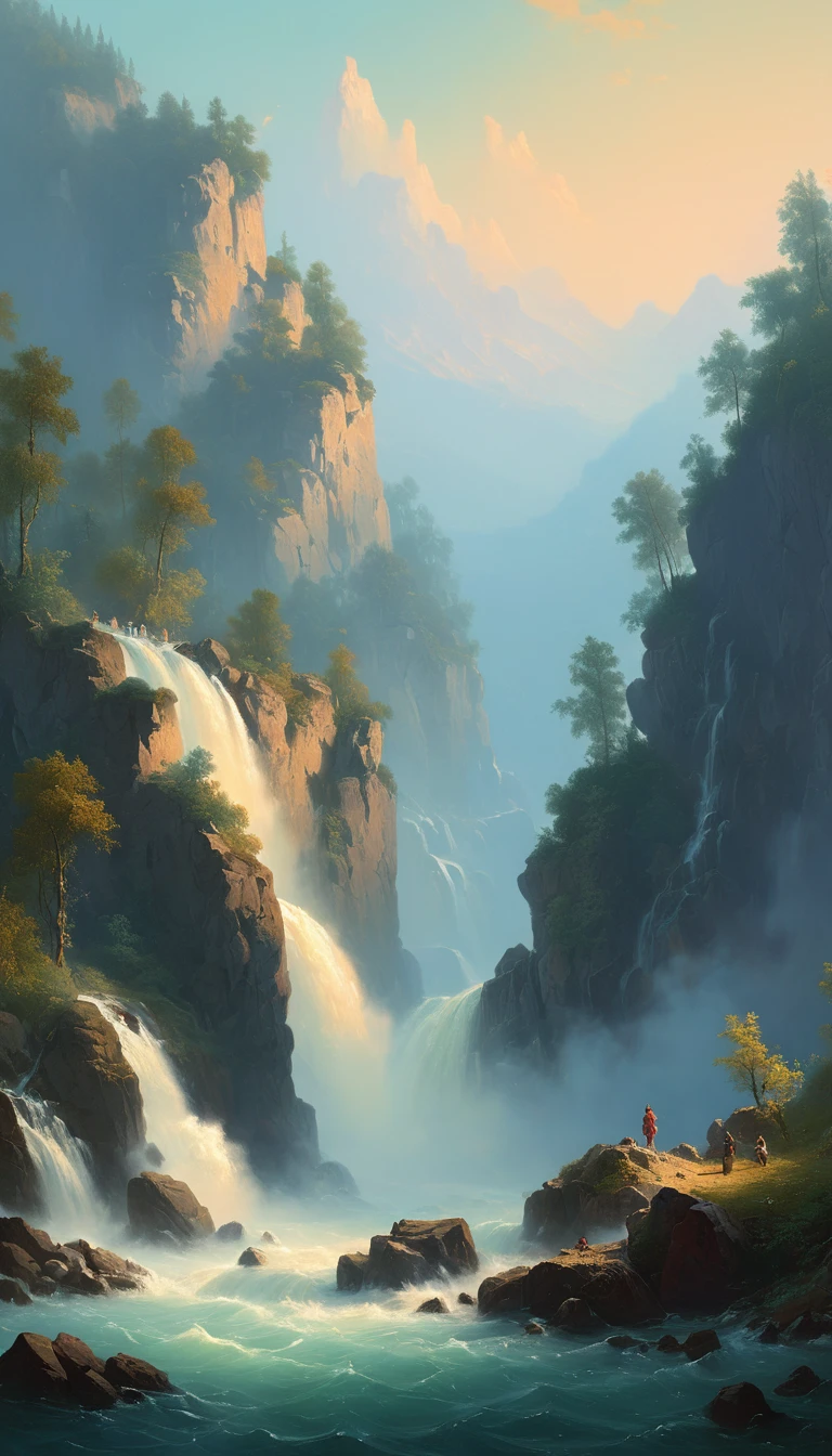 Waterfall by Eyvind Earle, best quality, masterpiece, Representative work, official art, Professional, Ultra intricate detailed, 8k