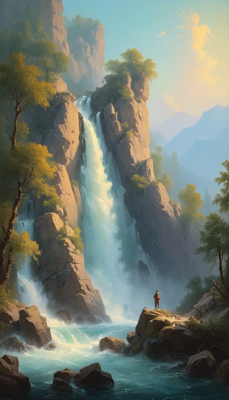 Waterfall by Ivan Aivazovsky, best quality, masterpiece, Representative work, official art, Professional, Ultra intricate detailed, 8k