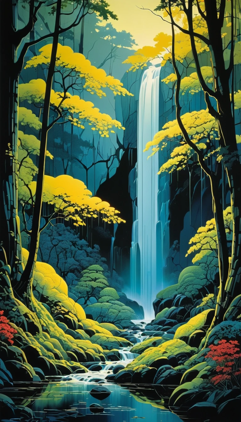 Waterfall by Eyvind Earle, best quality, masterpiece, Representative work, official art, Professional, Ultra intricate detailed, 8k