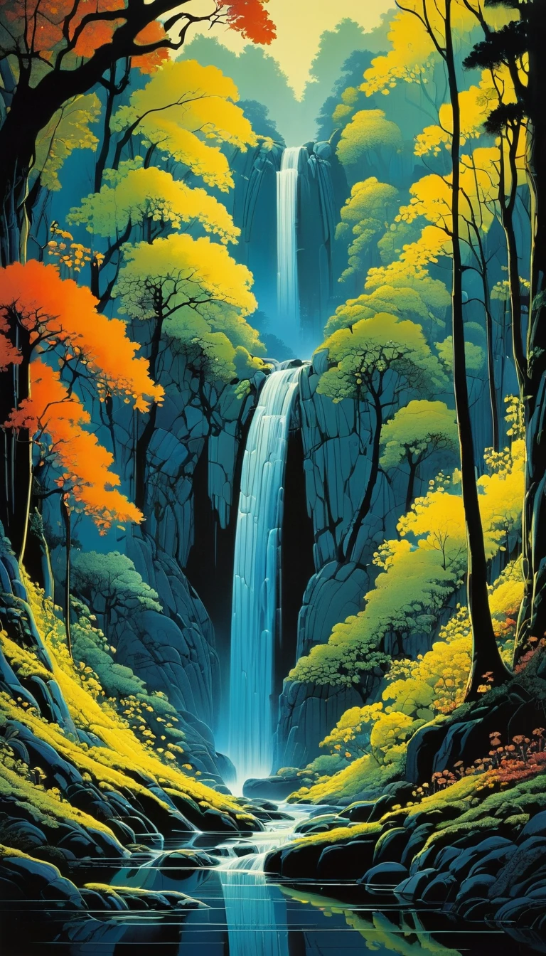 Waterfall by Eyvind Earle, best quality, masterpiece, Representative work, official art, Professional, Ultra intricate detailed, 8k