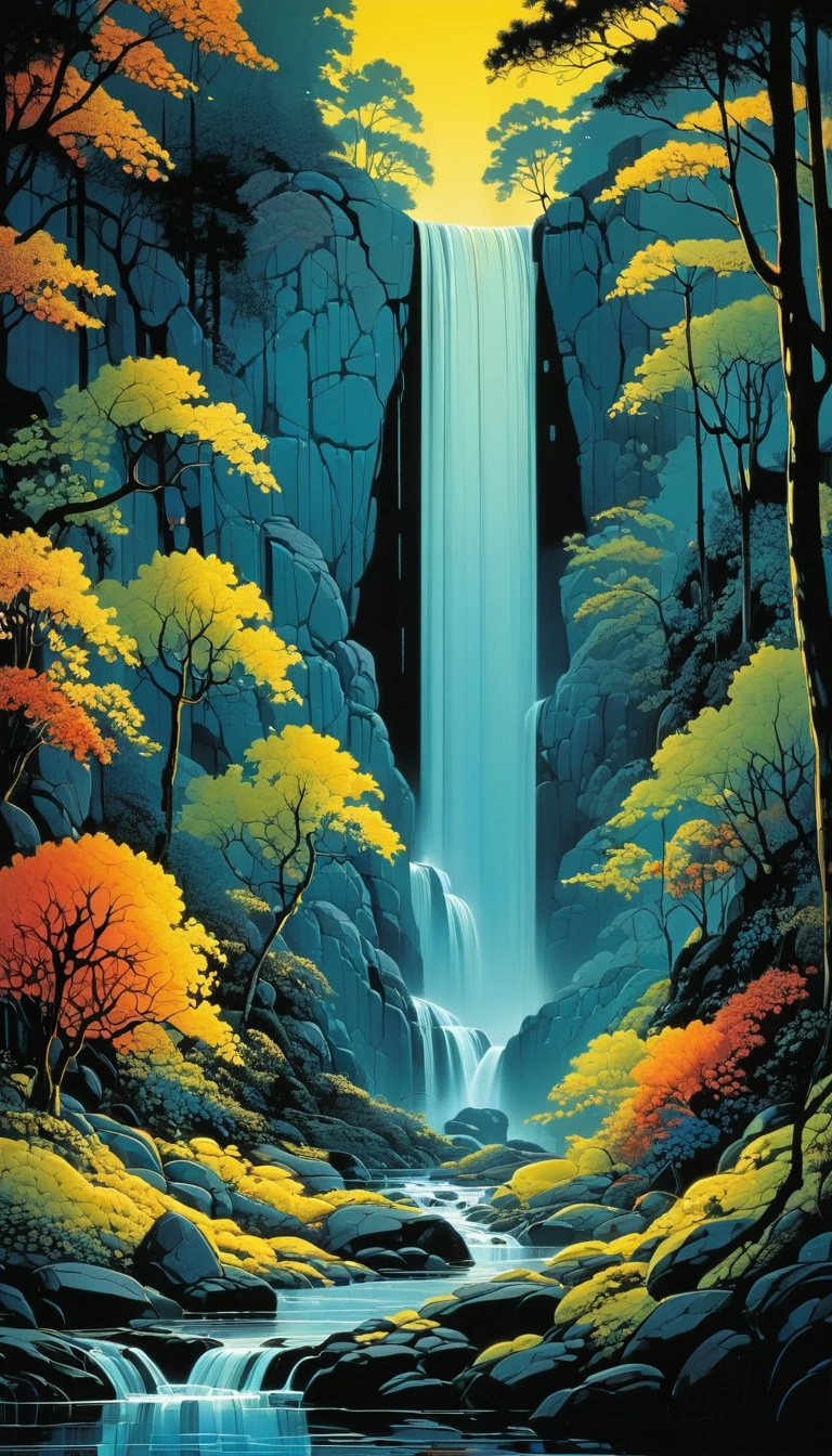 Waterfall by Eyvind Earle, best quality, masterpiece, Representative work, official art, Professional, Ultra intricate detailed, 8k