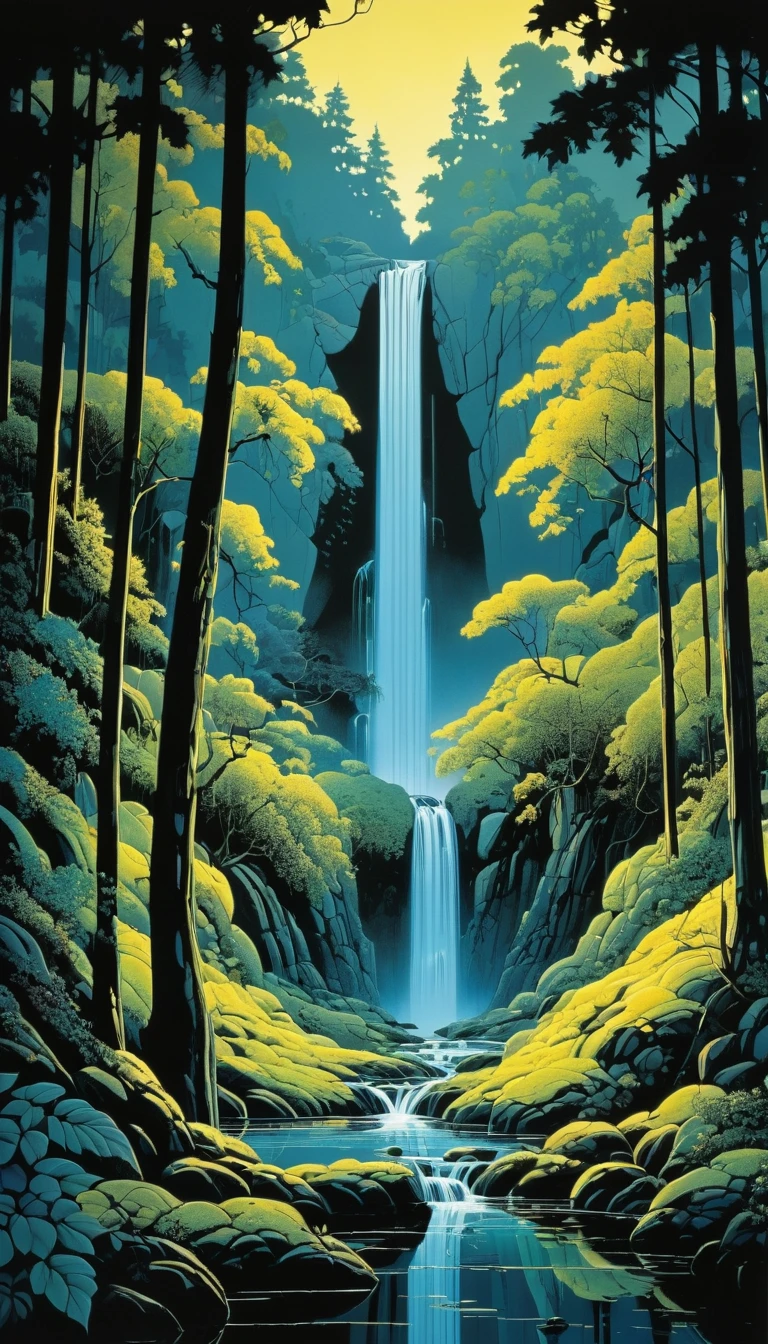 Waterfall by Eyvind Earle, best quality, masterpiece, Representative work, official art, Professional, Ultra intricate detailed, 8k