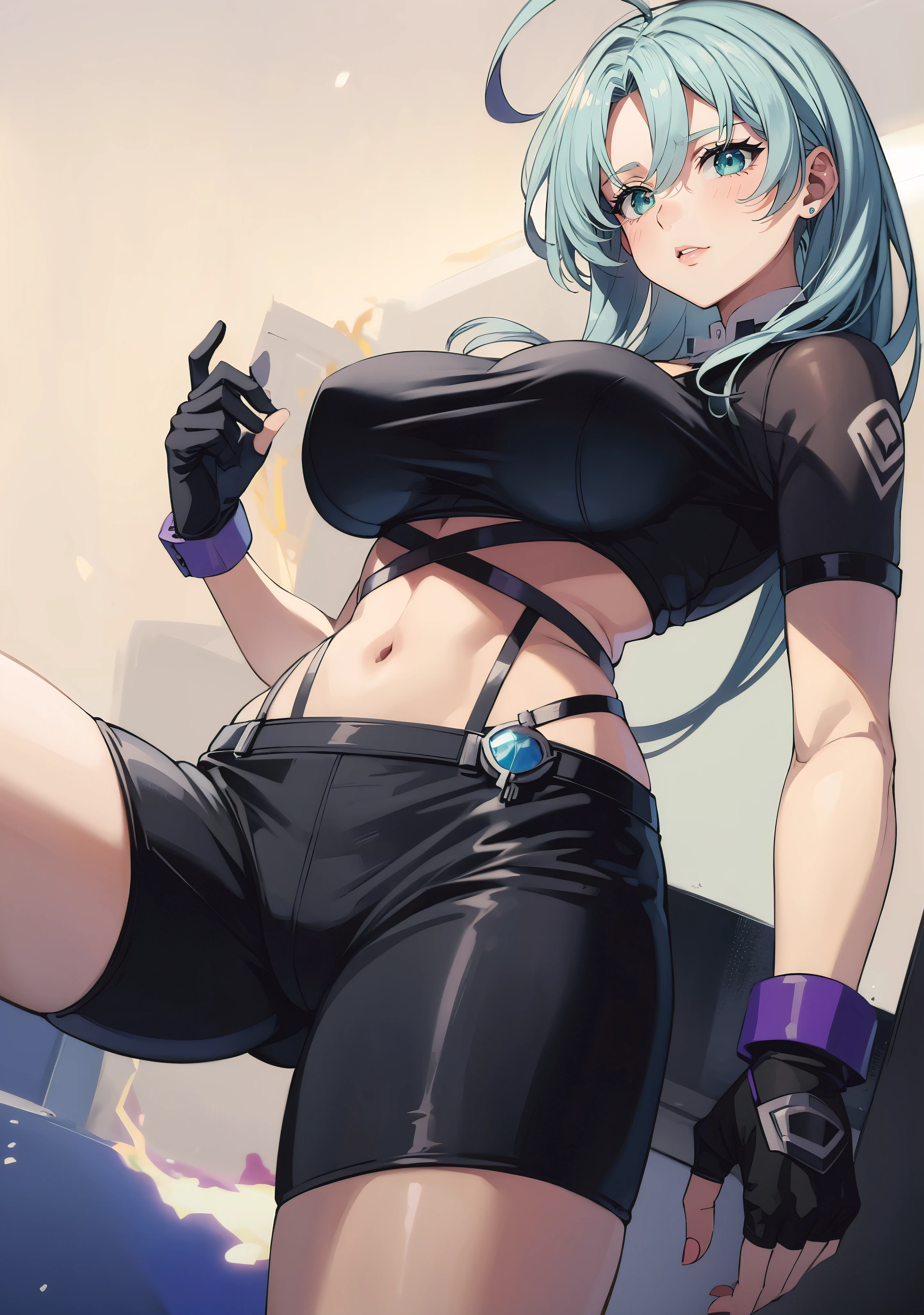 sentouinsnow, blue hair, long hair, blue eyes, large breasts, ahoge, anime girl with black outfit posing in front of a lightning, character from king of fighters, female protagonist 👀 :8, badass pose, badass anime 8 k, motoko kusanagi, detailed fanart, highly detailed exquisite fanart, thicc, commission for high res, anime moe artstyle, ilya kuvshinov. 4 k, anime style characterm, hollow eyes, facing viewer, lips, aqua eyes, expressionless