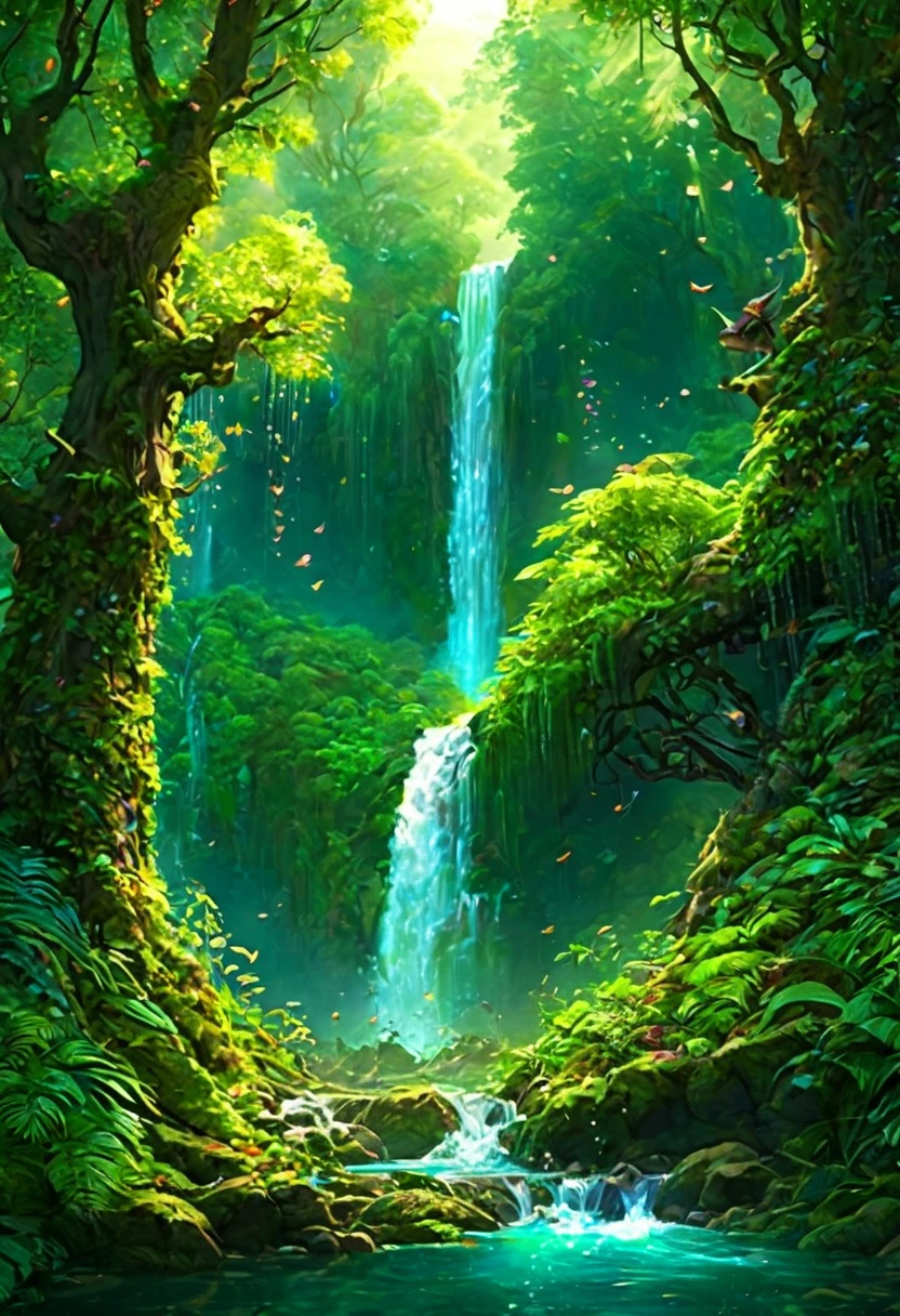 The waterfall pouring down in the forest is like a fairyland. A beautiful artistic illustration, nature原始, Forest magic, fantasy art, 数字二维fantasy art, Anime Fantasy Illustration, Beautiful digital art work, fantasy numbers, Digital Fantasy Illustration,Beautiful illustration, detailed 数字二维fantasy art, nature.