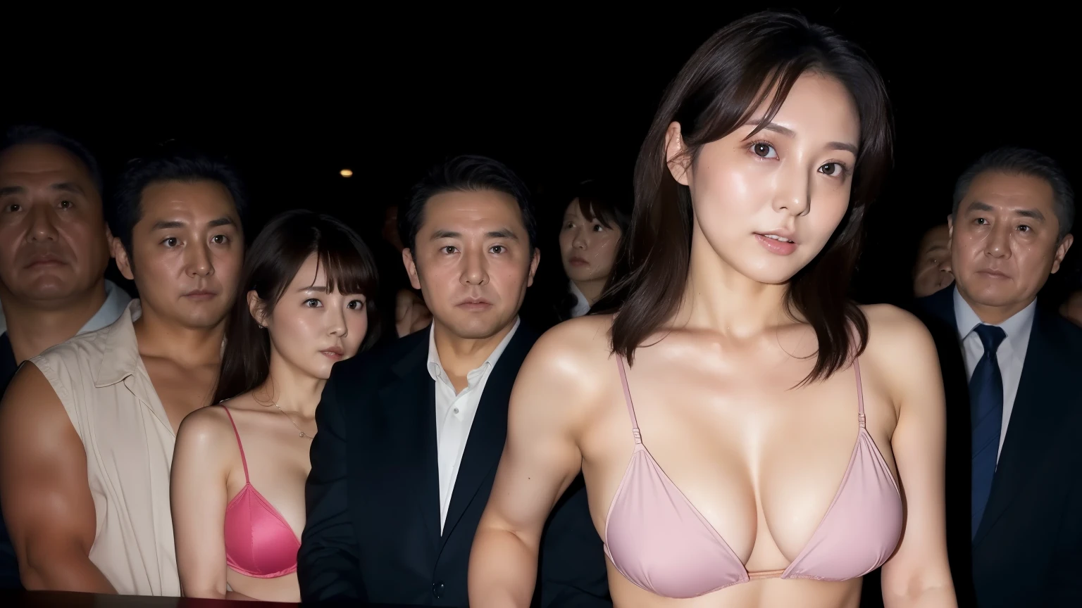 masterpiece, best quality, 8K, super fine, Dim lighting, Blue Lighting, pitch dark, Naked Japanese mature woman in her 30s with a coat in a dirty movie theater crowded with old men, She is Elegant upper-class elite secretary, She is surrounded by old men, being physically touched, frightened expression on her face, Full body image of Japan age princess in a pink ultra micro Bikini, the woman in the back, with the men in the front around her, She is being kissed by a short little fat old man, white skin, big and round hips, hourglass body shape, gigantic breasts, Bushy Stomach Line, huge breasts, Polaroid, out of focus