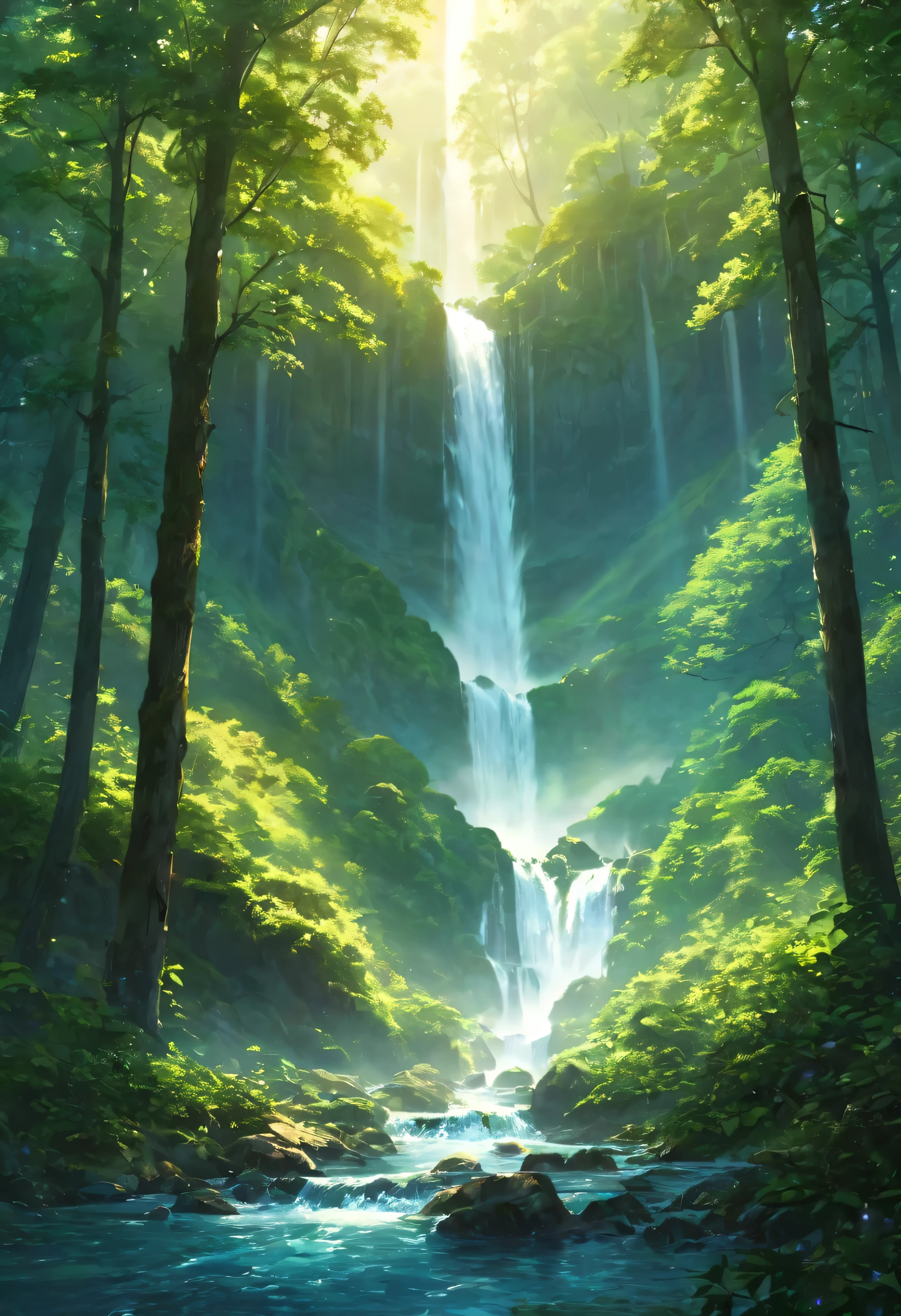 Waterfall cascading in the fores like a fairyland. A beautiful artistic illustration, nature原始, Forest magic, fantasy art, 数字二维fantasy art, Anime Fantasy Illustration, Beautiful digital artwork, fantasy numbers, Digital Fantasy Illustration,Beautiful illustration, detailed 数字二维fantasy art, nature.