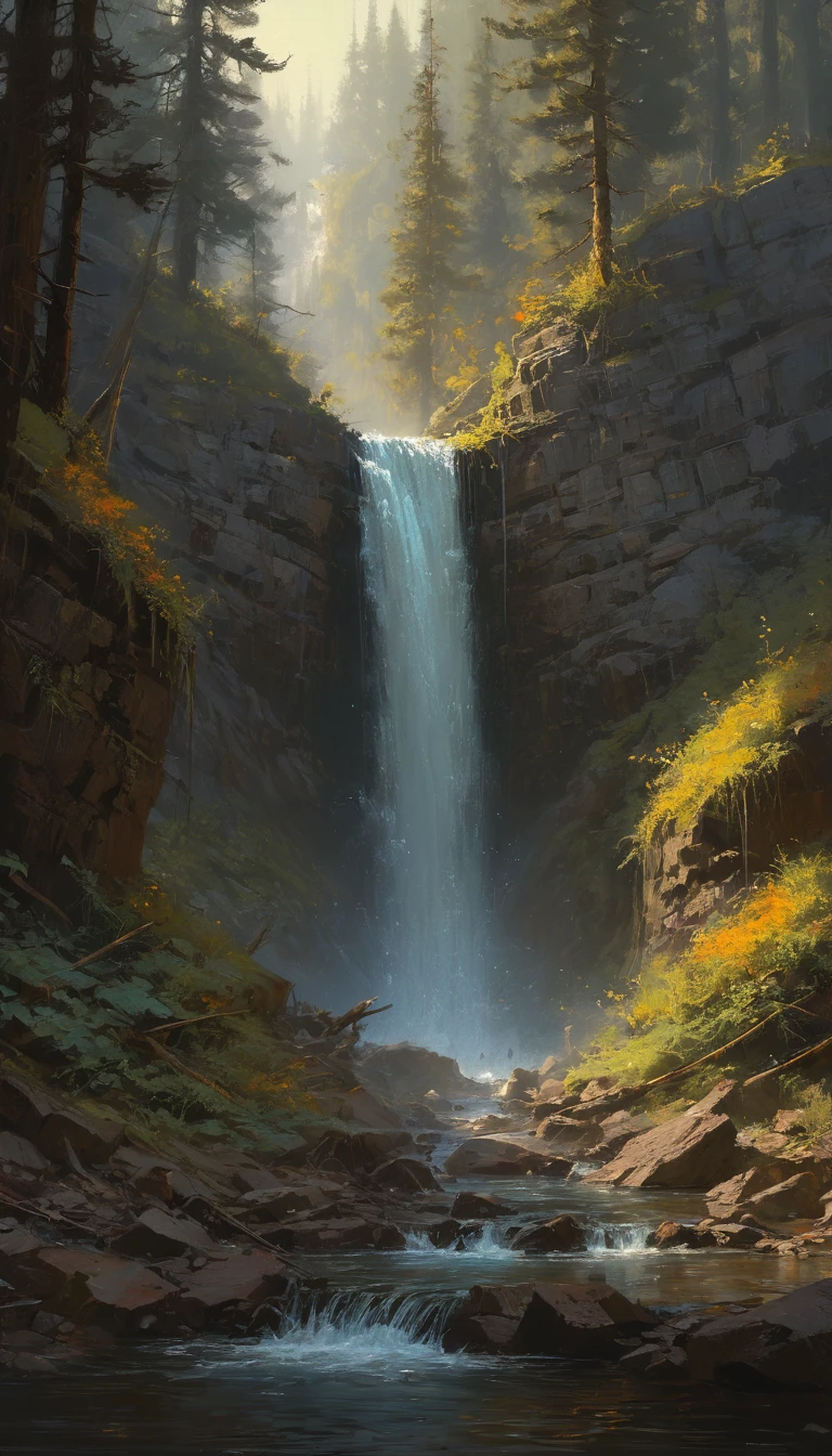 Waterfall by Brent Cotton, best quality, masterpiece, Representative work, official art, Professional, Ultra intricate detailed, 8k