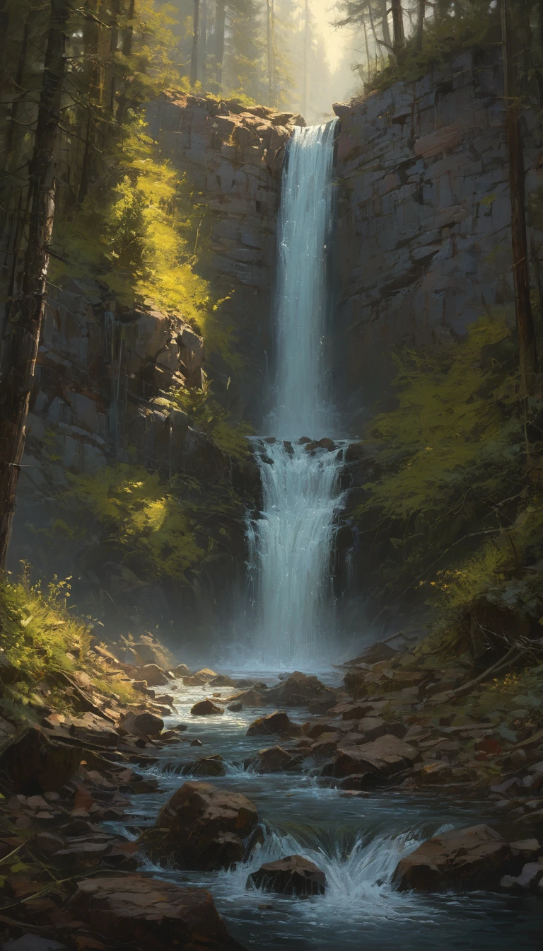 Waterfall by Brent Cotton, best quality, masterpiece, Representative work, official art, Professional, Ultra intricate detailed, 8k