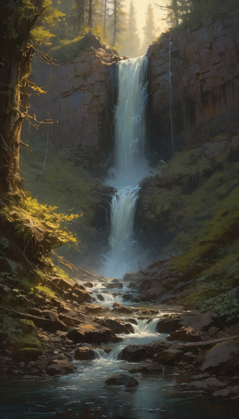 Waterfall by Brent Cotton, best quality, masterpiece, Representative work, official art, Professional, Ultra intricate detailed, 8k