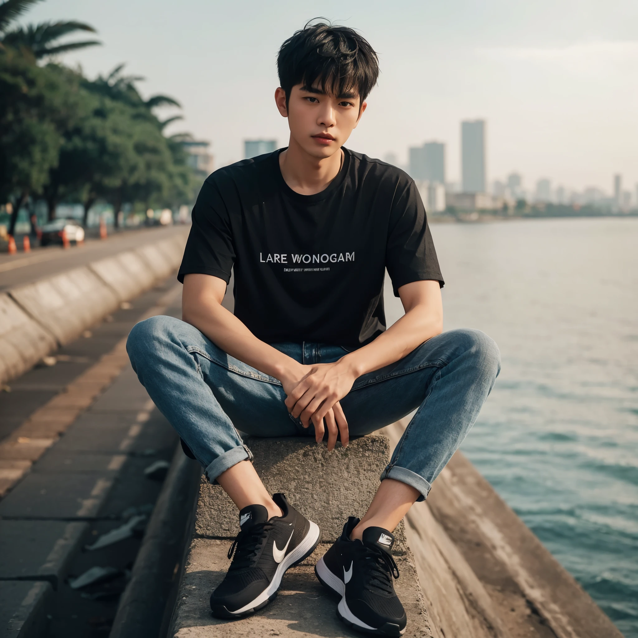 full body, long shoot Asian man with short hair wearing black tshirt with labeled "Lare WONOGIRI", wearing jeans and nike shoes , sitting on a concrete fence, concrete wall near the river, dreamy scene, professional photography, dreamy scene, background of green trees and sea water and city buildings visible from a distance, flat view looking at the camera