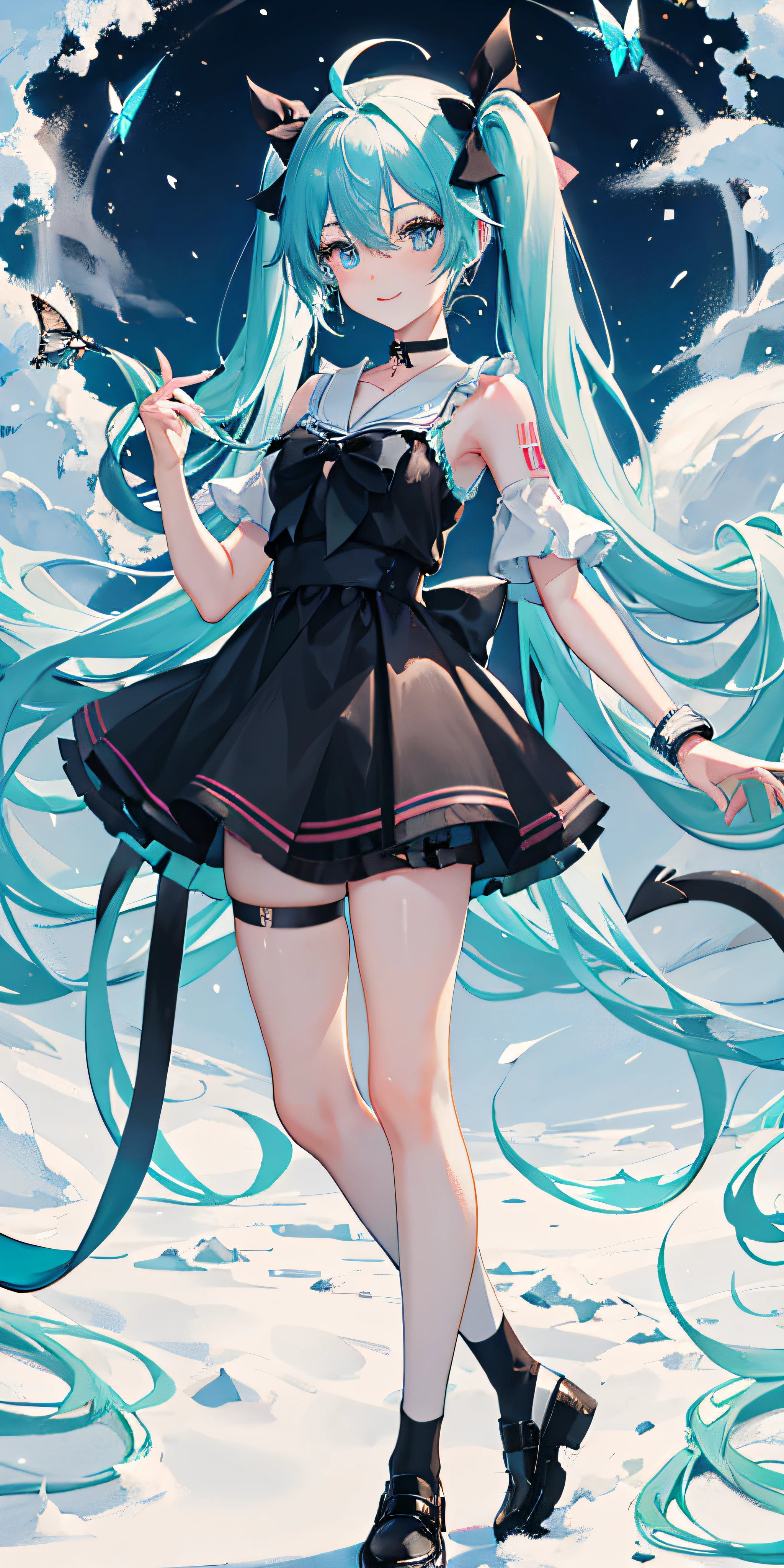 Devil Tail，Butterfly，end，loopholes，1 girl，long white hair，Very beautiful dress，Wristbands，footwear，Hatsune Miku，shirt，collar，black pantyhose，aqua hair，bike shorts，alone，蓝色Butterfly，double tail，Black collar，bracelet，full body lesbian，Black ribbon，extra long hair，Tail decoration，jewelry，black bow，hair between eyes，ahog，heavy snow，ear nipple ring，snow mountain，tail bow，stand up，Smile，delicate legs，clavicle，Off the shoulders，very shy，ribbon，long gray hair，aqua eyes，gradient color，精致的Butterfly结，White knee socks，looking at the audience。
