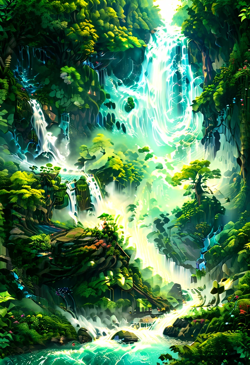 Waterfall cascading in the fores like a fairyland. A beautiful artistic illustration, nature原始, Forest magic, fantasy art, 数字二维fantasy art, Anime Fantasy Illustration, Beautiful digital artwork, fantasy numbers, Digital Fantasy Illustration,Beautiful illustration, detailed 数字二维fantasy art, nature.