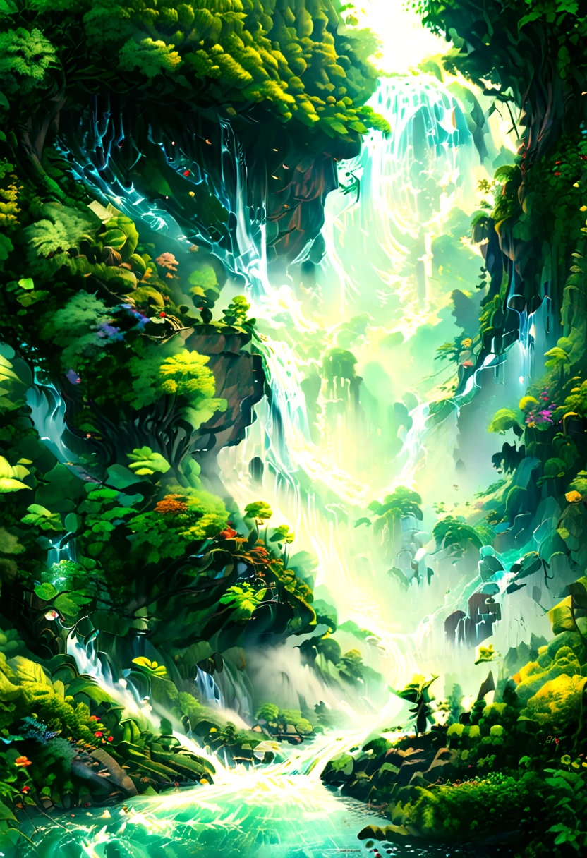 Waterfall cascading in the fores like a fairyland. A beautiful artistic illustration, nature原始, Forest magic, fantasy art, 数字二维fantasy art, Anime Fantasy Illustration, Beautiful digital artwork, fantasy numbers, Digital Fantasy Illustration,Beautiful illustration, detailed 数字二维fantasy art, nature.