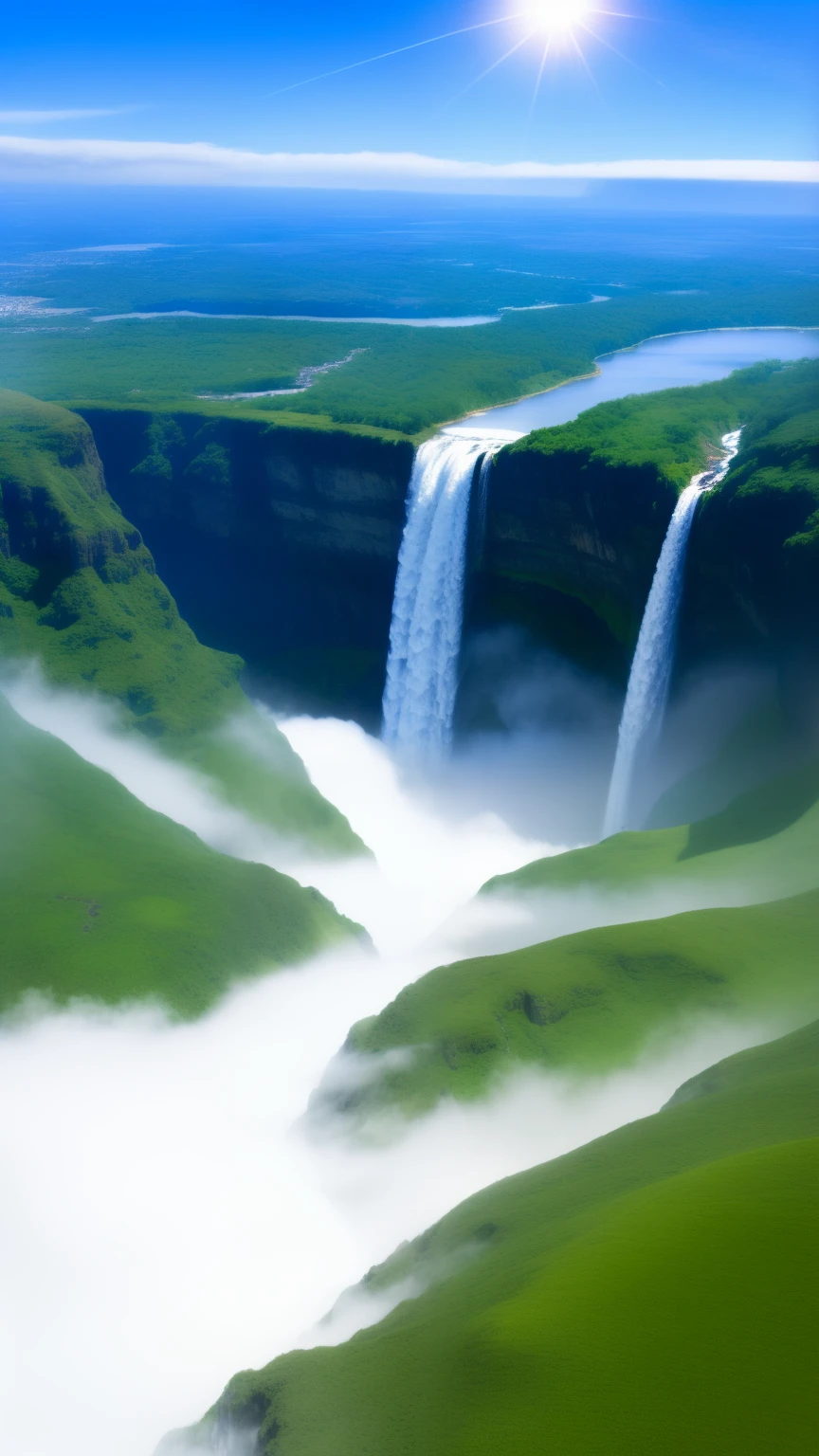 Aerial viewing angle，shrouded in mist，A huge waterfall on a towering mountain，Rising water vapor，rainbow，Sun glare spots，Realistic ray tracing，True light reflection，Real light refraction，Super fine，Super realistic，Super dreamy，Extreme portrayal，8k，masterpiece，