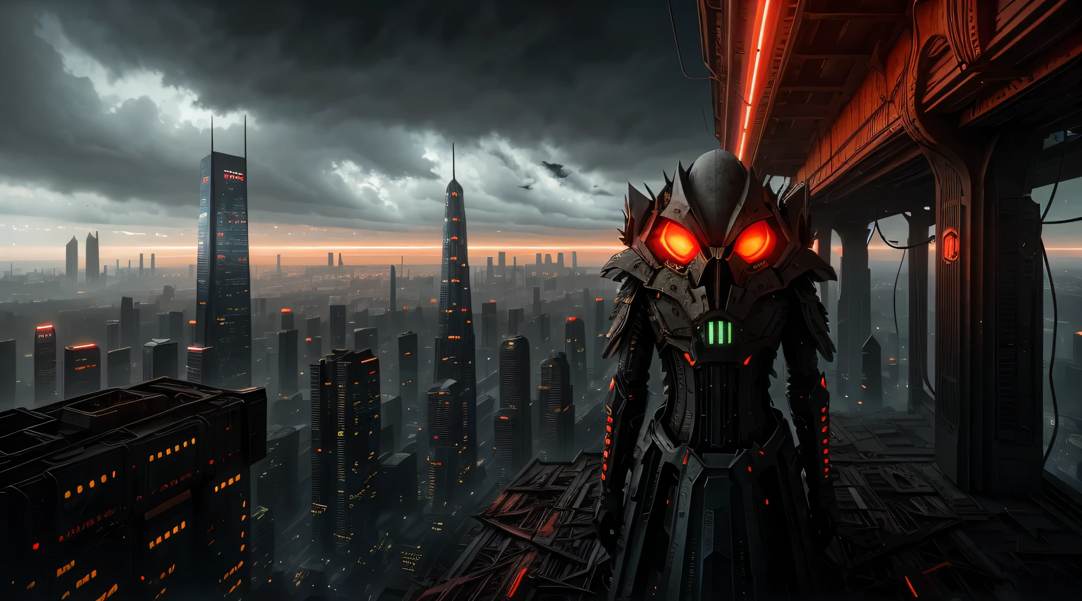 The painting depicts a surreal and futuristic landscape, A blend of awe-inspiring beauty and terror. The sky is deep, Pulsed red, The clouds seem to be alive，On the move. In the distance, Great city view view, towering skyscrapers, Neon lights, and a row of buildings. The city is illuminated by various colors and displays, Adds an overall feeling of awe and wonder.

Sin embargo, There is also a sense of horror in the picture. Buildings and structures appear to be in a state of decay and disrepair, Broken windows, Missing parts, and cracked facades. The city is vibrant, But there is a sense of confusion and unease, It seems that something is wrong.

In the foreground, There is a huge one, Sentient beings, With a distorted and inhuman appearance. Presence consists of wires, circuit, and mechanical parts, It seems to be coming out of the ground, As if rising from the depths of the earth. Its eyes glow with an intense, Red light, Its mouth opened, Rows of sharp sharpness are revealed, Metal teeth.

The background is shrouded in darkness, Only a few, Dim lights are visible in the distance. There is a sense of the unknown and uncertainty, As if the world beyond the cityscape is vast and wild.

The painting captures the essence of a surreal and futuristic world, A blend of awe-inspiring beauty and terror. The images are visually stunning, It shows the world in new and unusual eyes, A mix of the familiar and the unknown.

High detail RAW color art, animation, Cartoon, (white theme), (intricately details, Fine details, ultra - detailed), Ray traching, Subsurface scattering, ((pastel colour)), diffused soft lighting, Shallow depth of field, By (Oliver Wetter), author：Stanley Kubrick, shot on a Canon EOS R5, 28mm lens, f/2.8, Sharp focus bokeh