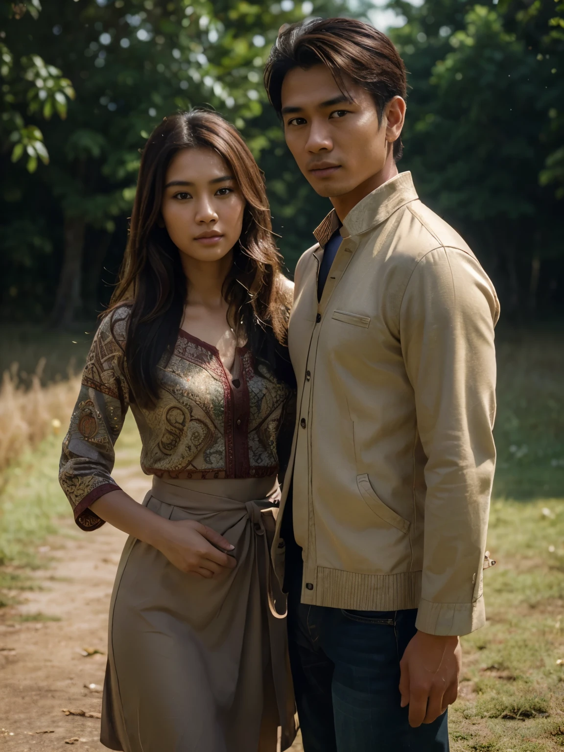 A handsome Indonesian man taking a photo together with a beautiful 22 year old brown haired woman walking along a quiet field road, best quality, realistic, photorealistic, (intricate detail: 1.2), (fine detail), (cinematic light), lines clear, sharp focus, realistic face, detailed face, unity 8k wallpaper, very high resolution, (photorealistic: 1.4), He is looking at the viewer