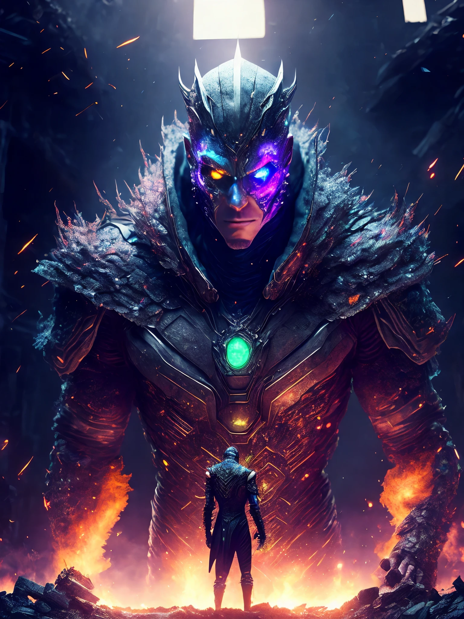 breathtaking cinematic science fiction photo of a portrait of a supervillain made of ashes,  body full of falling ashesand glowing metrics inside, glowing multicoloured eyes, multifaceted eyes, metallic arms, inside a destroyed building, extremely menacing creature, highly detailed, award-winning