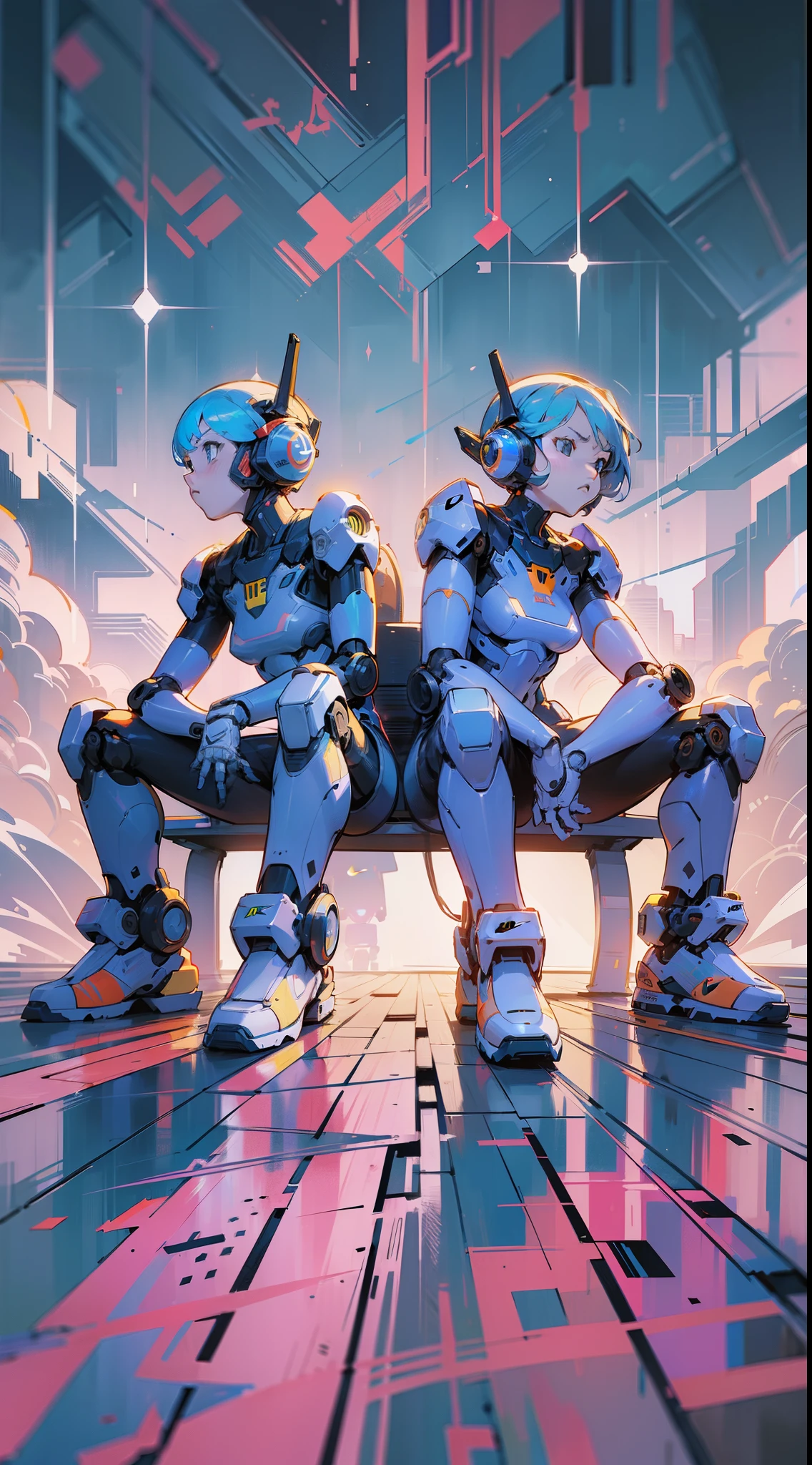 ((two robots sitting on a bench)), nike sneakers, background, background, confident posture, freedom, soul, digital illustration, comic style, centered, dynamic, highly detailed, artstation, concept art, art by carne griffiths, centered, drawing style illustrator, anime style, serious face, graffiti style camera focus
