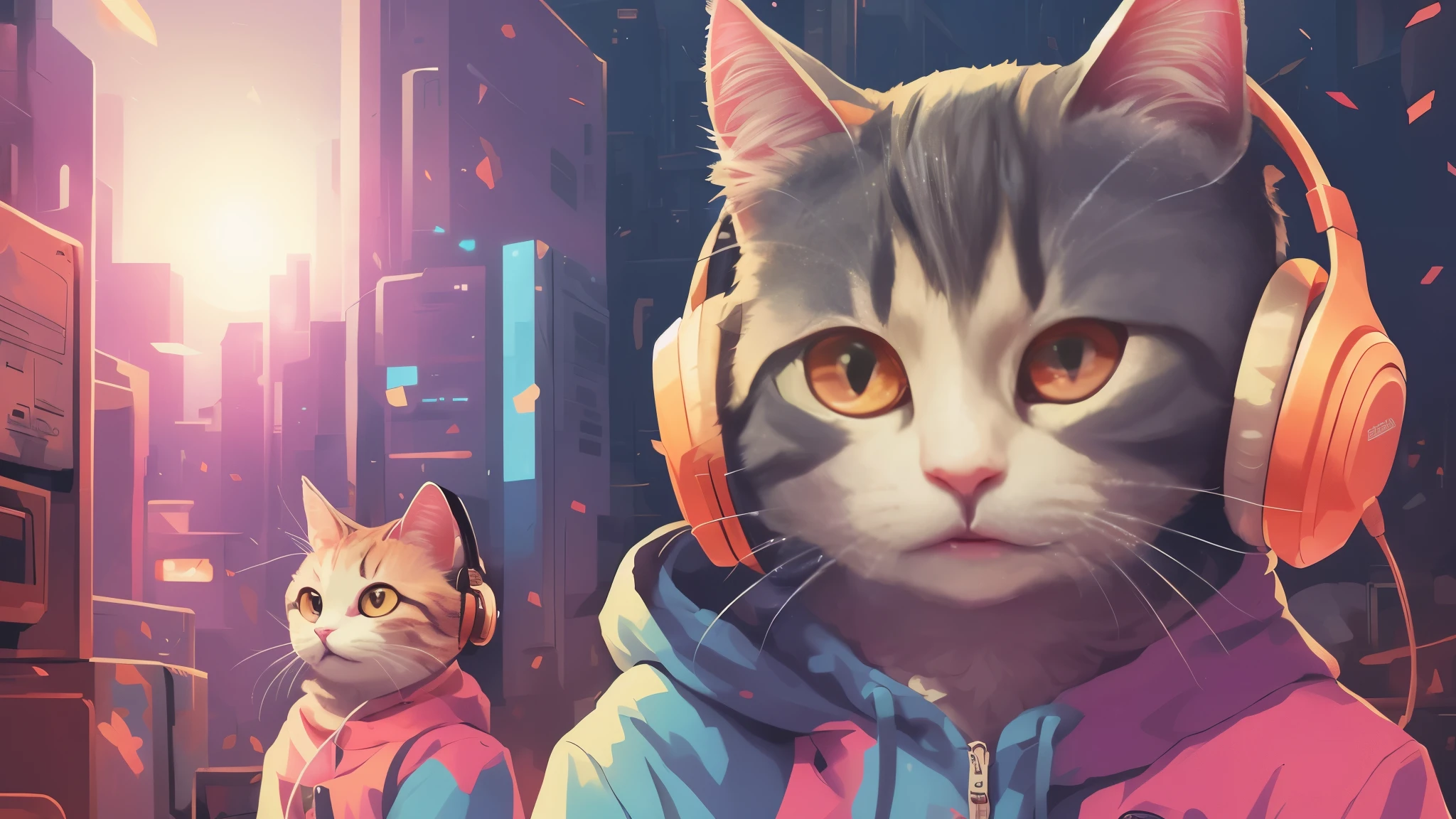 there is a cat wearing headphones and a jacket, beeple and jeremiah ketner, inspired by Cyril Rolando, in style of cyril rolando, jen bartel, lofi art, cyril rolando and goro fujita, wearing cat ear headphones, style hybrid mix of beeple, cyberpunk cat, anime cat, anime style 4 k