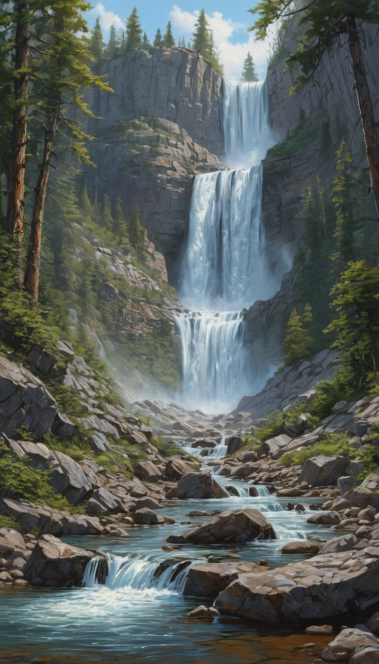 Waterfall by Todd Lockwood, best quality, masterpiece, Representative work, official art, Professional, Ultra intricate detailed, 8k