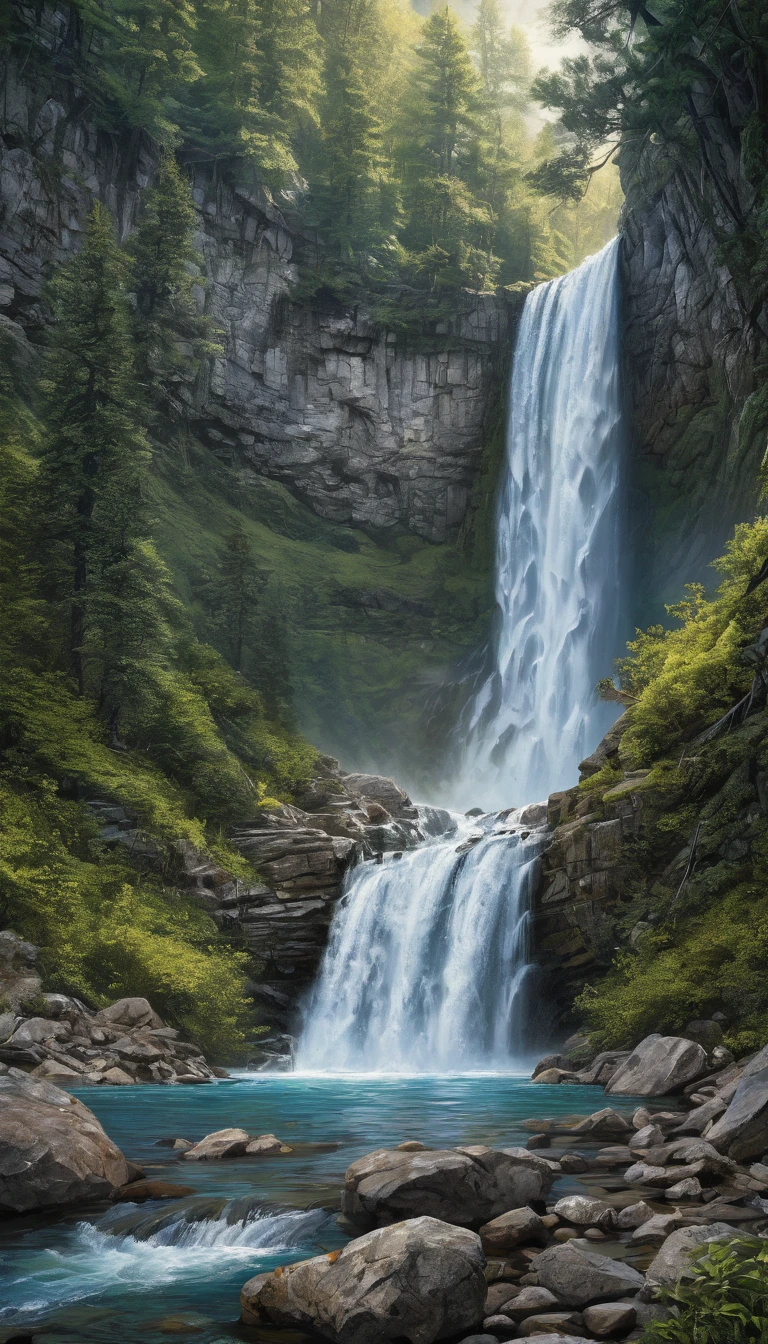Waterfall by Todd Lockwood, best quality, masterpiece, Representative work, official art, Professional, Ultra intricate detailed, 8k
