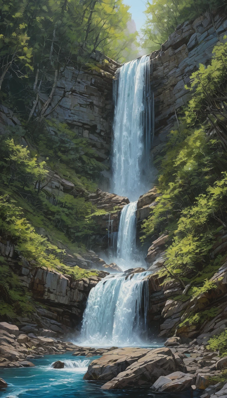 Waterfall by Todd Lockwood, best quality, masterpiece, Representative work, official art, Professional, Ultra intricate detailed, 8k