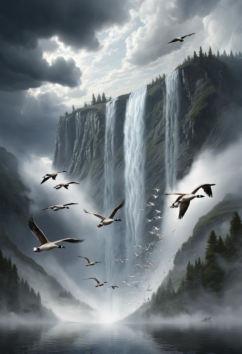 Waterfall like silver curtain hang, Observing the vast expanse of water and clouds. With misty cold smoke and thunder at my ears, geese formation soars southward in the sky, fantasy art, (best quality, masterpiece, Representative work, official art, Professional, Ultra intricate detailed, 8k:1.3)