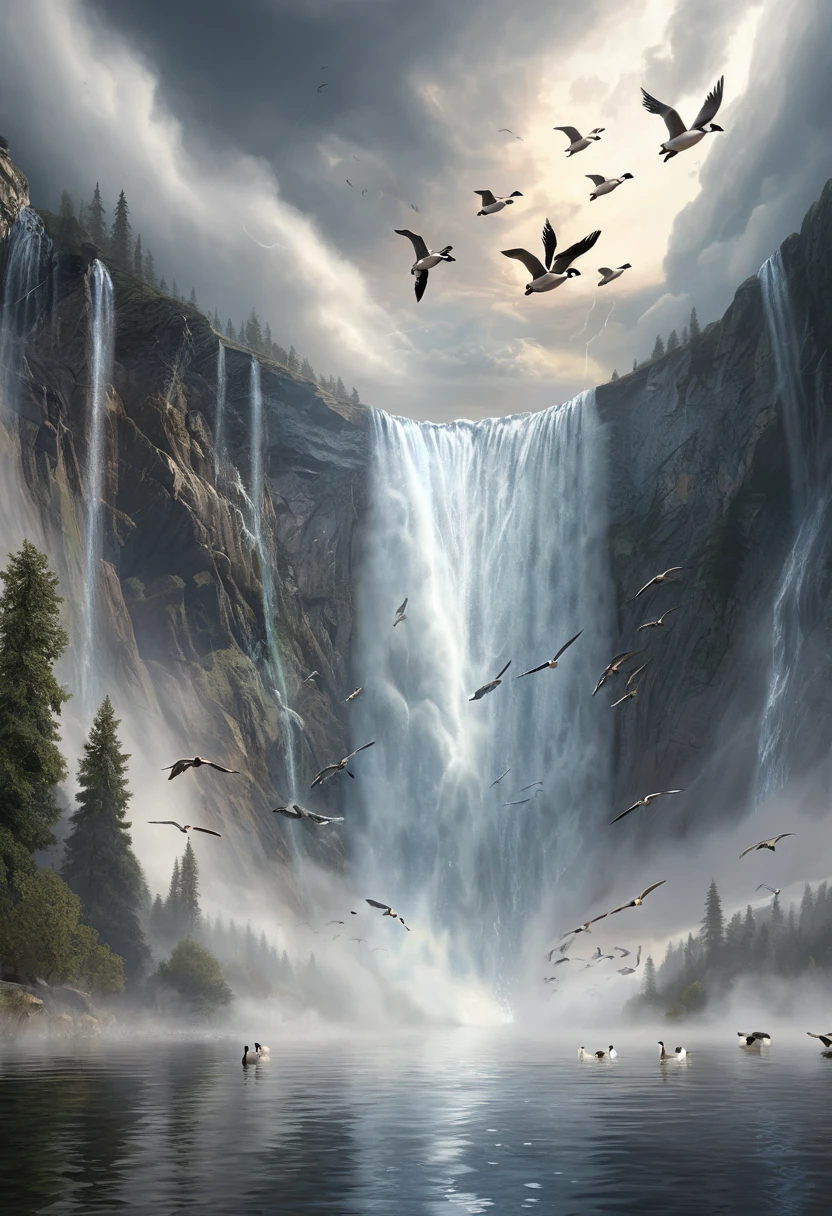 Waterfall like silver curtain hang, Observing the vast expanse of water and clouds. With misty cold smoke and thunder at my ears, geese formation soars southward in the sky, fantasy art, (best quality, masterpiece, Representative work, official art, Professional, Ultra intricate detailed, 8k:1.3)