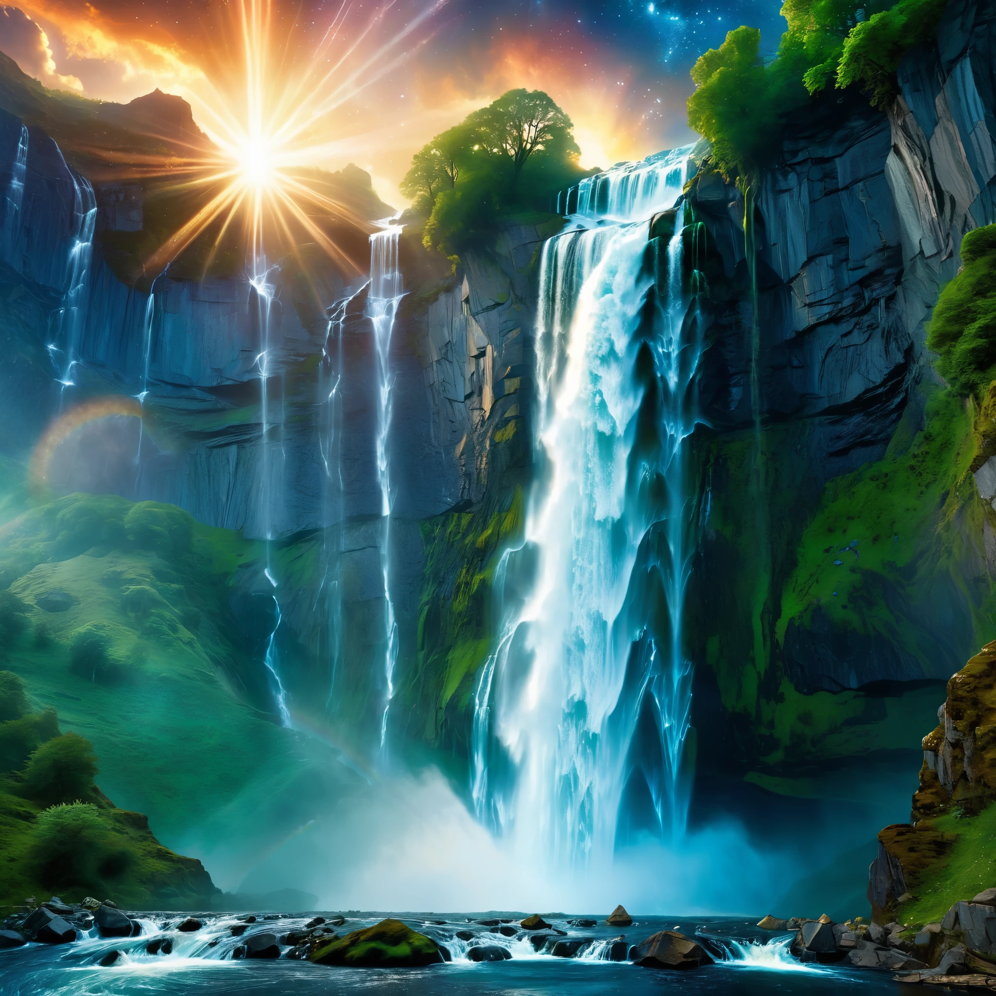 In the mystical realm of Asgard, amidst the cosmic expanse, a resplendent waterfall cascades from the heavens, illuminated by beams of celestial light. Bathed in ethereal glow, the shimmering liquid tumbles through the void, creating a breathtaking spectacle of otherworldly wonder and beauty. Immersed in the realistic & detailed depiction of Norse mythology, every droplet reflects the boundless power and majesty of the gods.