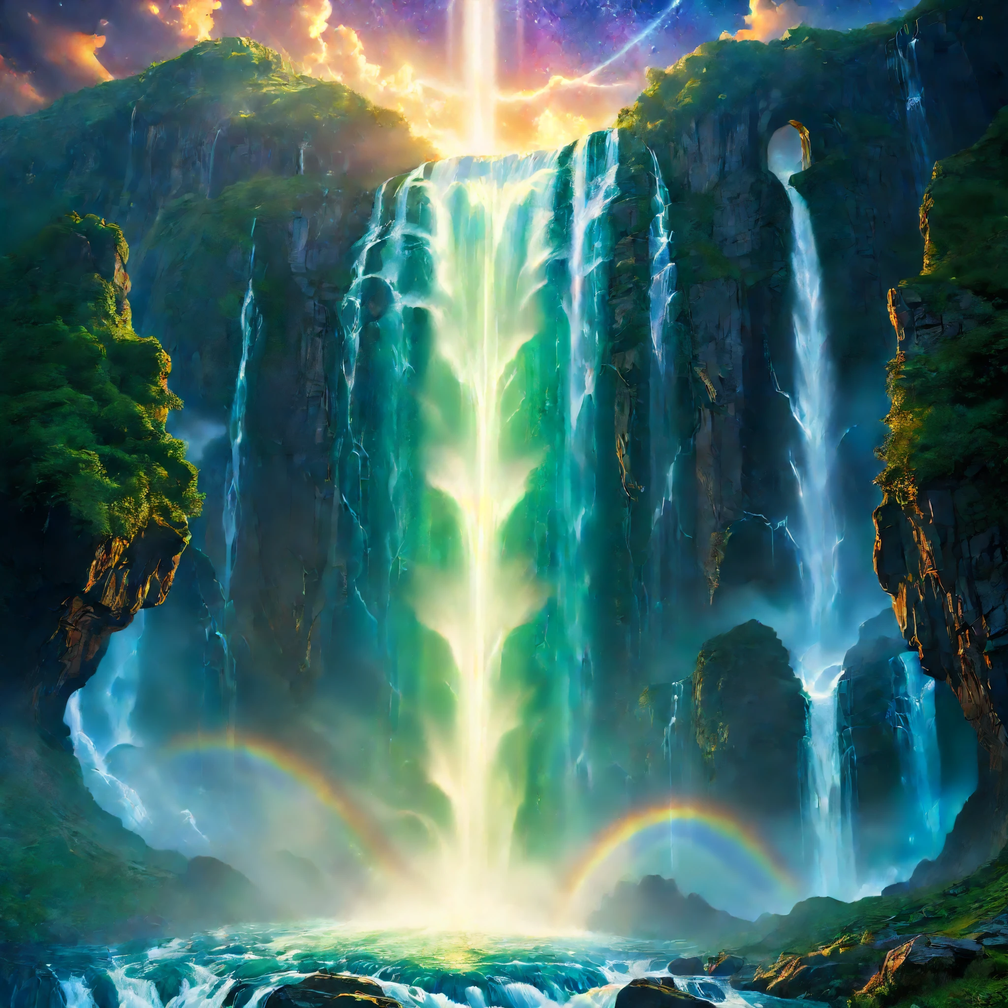 In the mystical realm of Asgard, amidst the cosmic expanse, a resplendent waterfall cascades from the heavens, illuminated by beams of celestial light. Bathed in ethereal glow, the shimmering liquid tumbles through the void, creating a breathtaking spectacle of otherworldly wonder and beauty. Immersed in the realistic & detailed depiction of Norse mythology, every droplet reflects the boundless power and majesty of the gods.