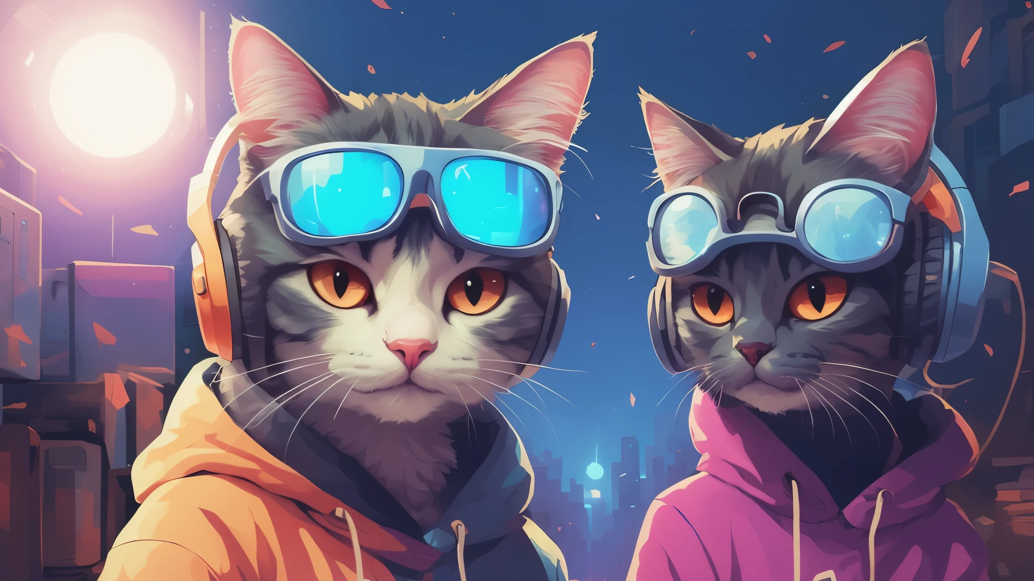 there is a cat wearing headphones and a jacket, beeple and jeremiah ketner, inspired by Cyril Rolando, in style of cyril rolando, jen bartel, lofi art, cyril rolando and goro fujita, wearing cat ear headphones, style hybrid mix of beeple, cyberpunk cat, anime cat, anime style 4 k
