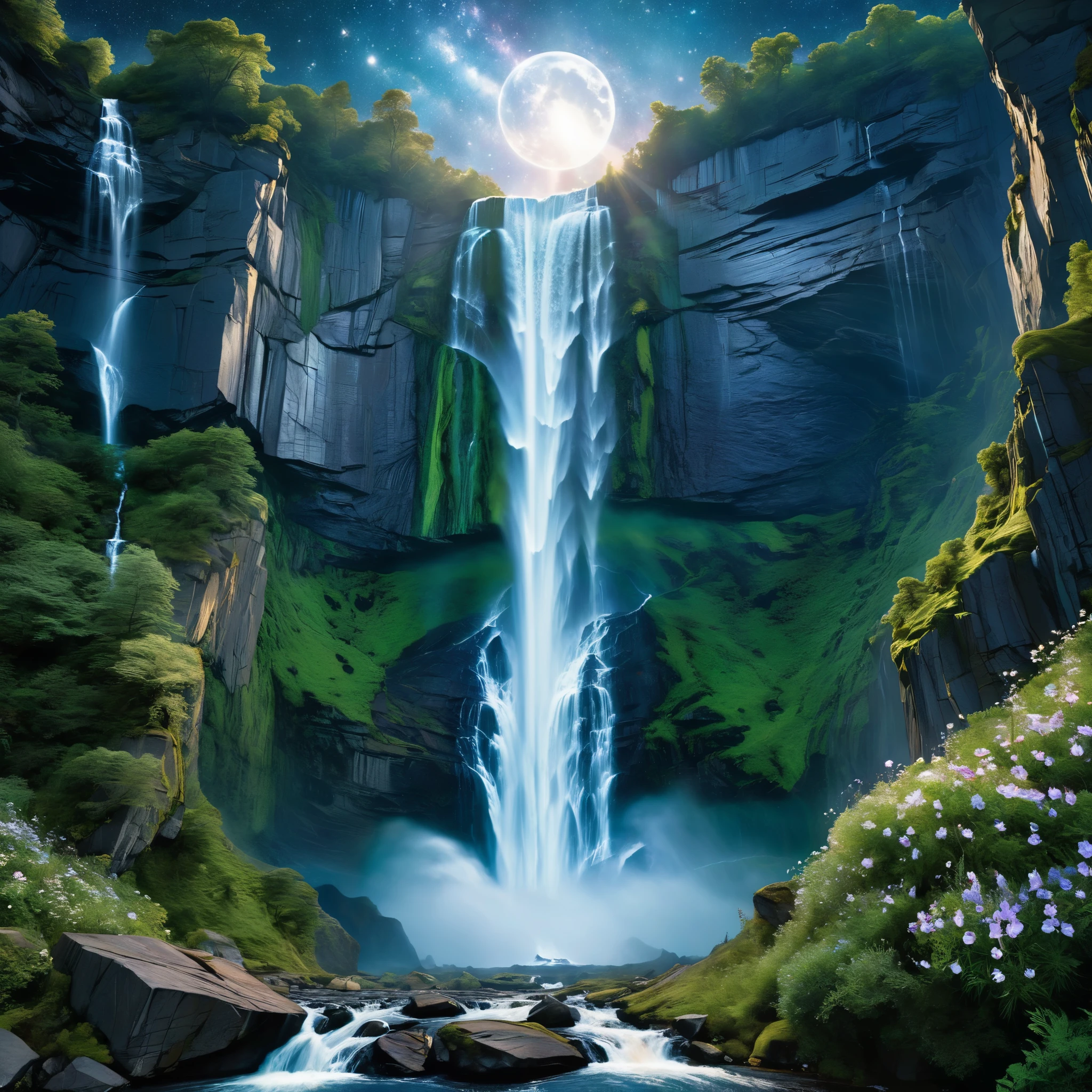 Amidst the inky cosmos, a majestic waterfall cascades from the lofty cliffs of Asgard, its shimmering crystalline droplets reflecting the tranquil glow of celestial bodies. Frey, the Norse goddess of earth's fertility and peace, graces the scene, her ethereal form clad in lush foliage, bringing prosperity to the celestial realm with her gentle presence. Observe the intricate details of this interstellar spectacle, capturing its breathtaking beauty in a hyper-realistic and meticulously detailed rendering.