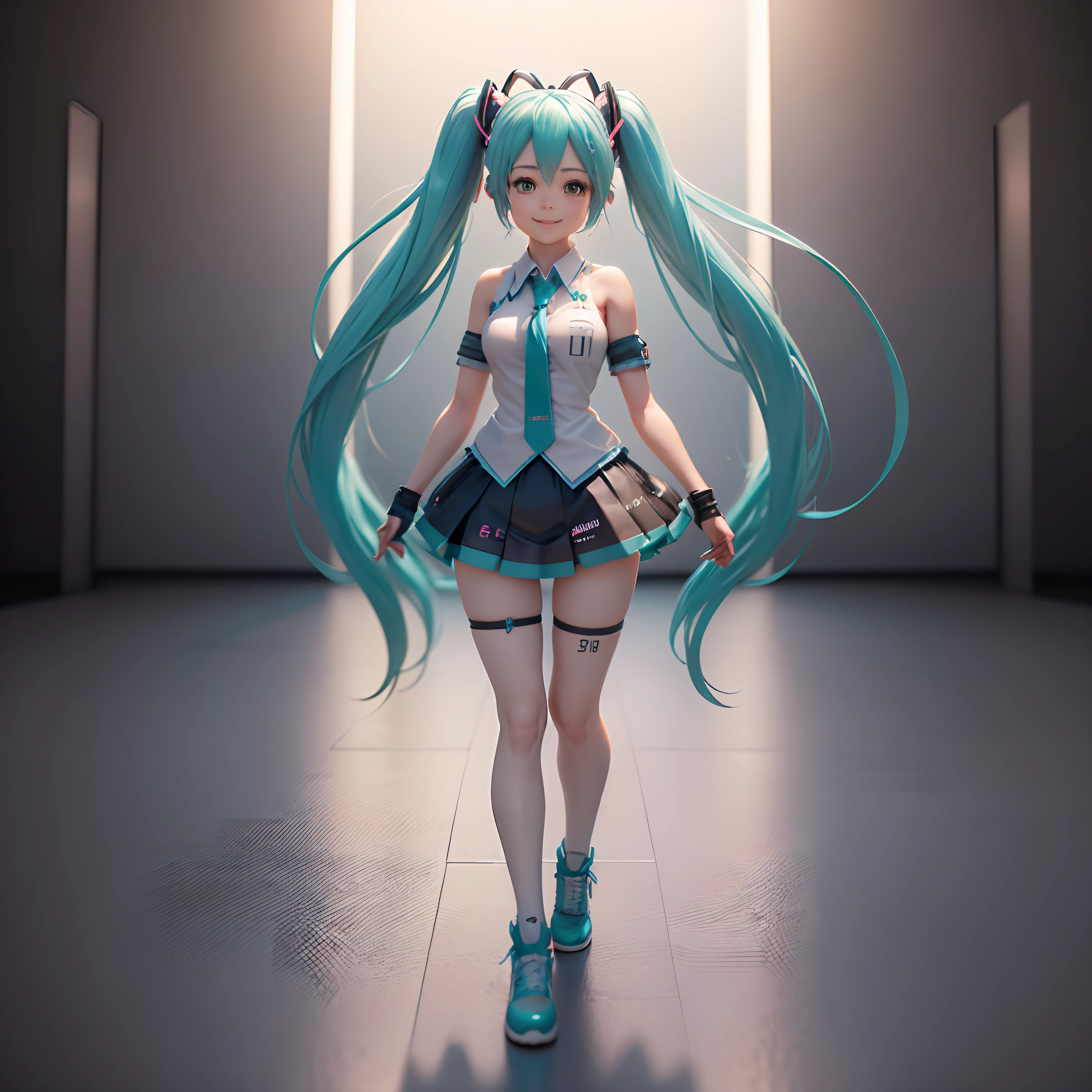 Super realistic 3D model of the cute Hatsune Miku chibi anime character，With a bright and lovely smile, whole body, middle pose diagram, Rendered in Ultra HD 8K，Delivers ultimate detail and smooth textures.