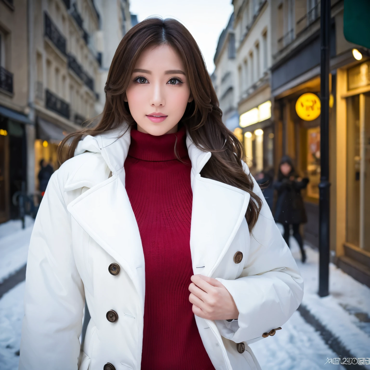 (table top、highest quality、8k、Award-winning work、ultra high resolution)、one beautiful woman、winter、snow scene、It&#39;s snowing、(thick white coat:1.2)、（classy red turtleneck knit sweater:1.2)、very romantic and moody、epic movie lighting、(Very huge breasts that are about to burst:1.4)、(Most emphasize the body line:1.4)、very long hair、blurred background、accurate anatomy、ultra high definition hair、ultra high resolutionの完璧な美しい歯、Ultra high definition beauty face、ultra high definition hair、Super high-definition sparkling eyes、輝くultra high resolutionの美肌、ultra high resolutionの艶やかな唇、walking the streets of paris