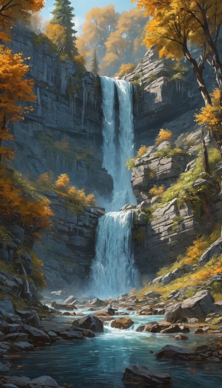 Waterfall by Qi Baishi, best quality, masterpiece, Representative work, official art, Professional, Ultra intricate detailed, 8k