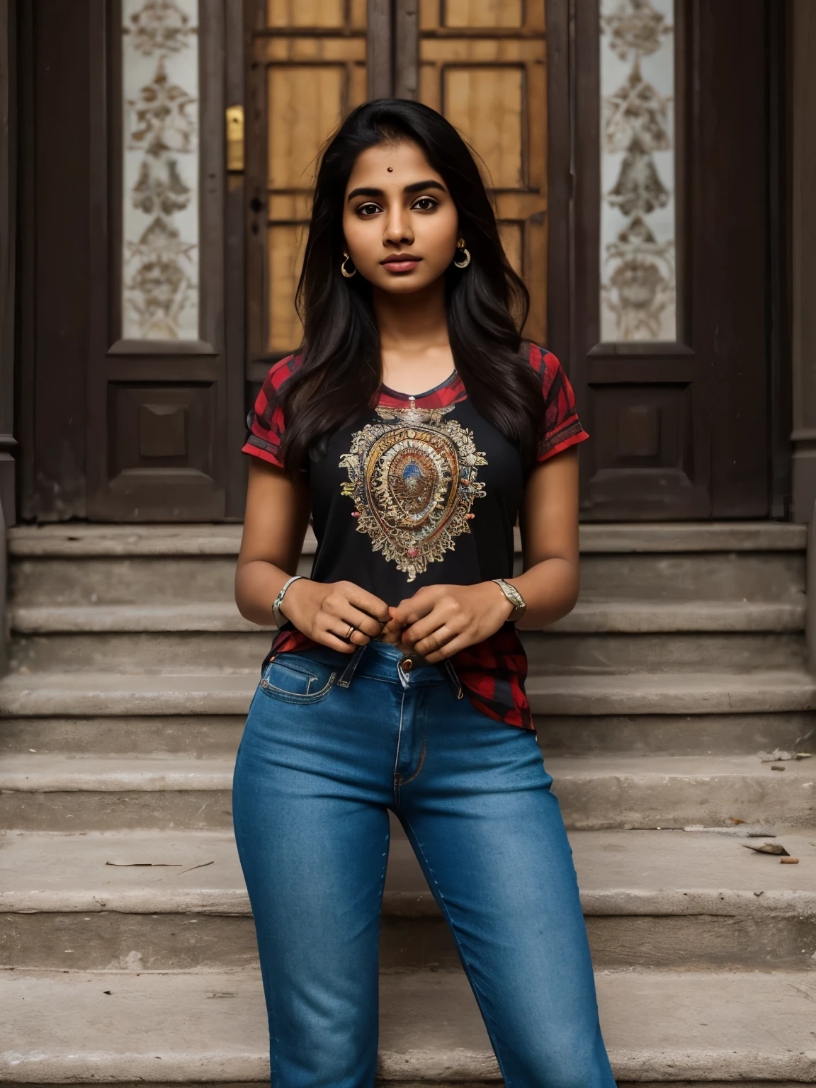 beautiful and charming 18-year-old Indian teenage girl from a big city. She is an Instagram model with long black hair featuring colorful highlights. She is stylish, loves to dance, and often wears a vibrant dress and sneakers."