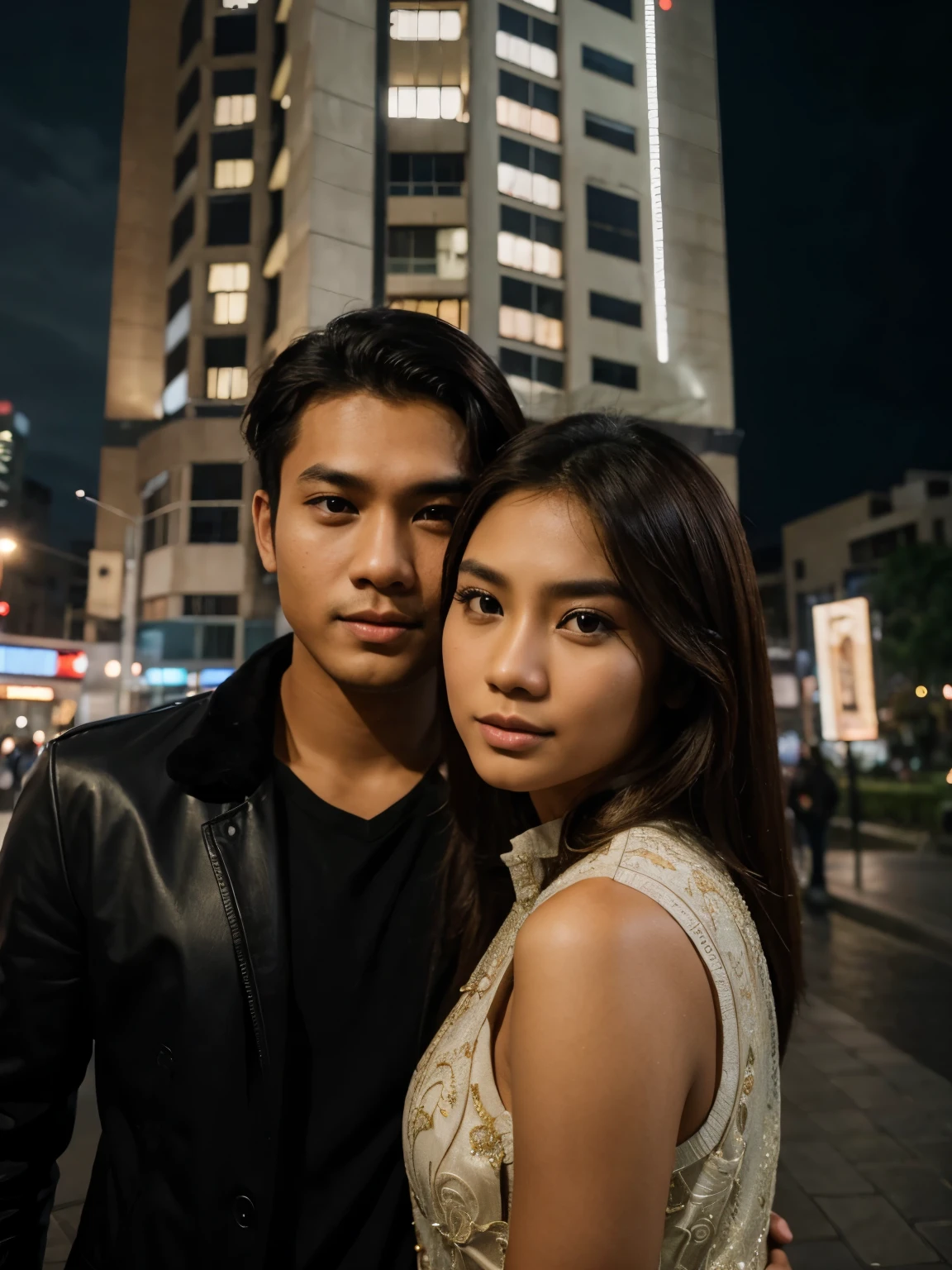 A young handsome Indonesian man is taking a photo together with a beautiful 22 year old brown haired Indonesian woman posing in front of a tall building at night, best quality, realistic, photorealistic, (intricate detail: 1.2), (fine detail), (cinematic light ), clear lines, sharp focus, realistic face, detailed face, unity 8k wallpaper, very high resolution, (photorealistic: 1.4), He is looking at the viewer
