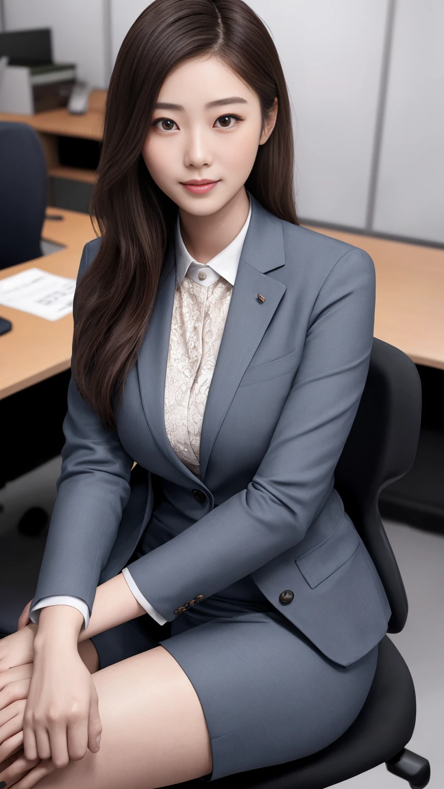 (top-quality、8K、32K、masterpiece、nffsw:1.2)、1girl in、beautiful japanese female、big breasts thin waist、different color suit、Open jacket、Office、desk work、(sit a chair)、((different style of pose))、finerly detailed face、shorth hair, beautiful lace panty, realistic render, cute asian 30 years old woman, detailed eyes, real human face, eyeshadow, soft smile,