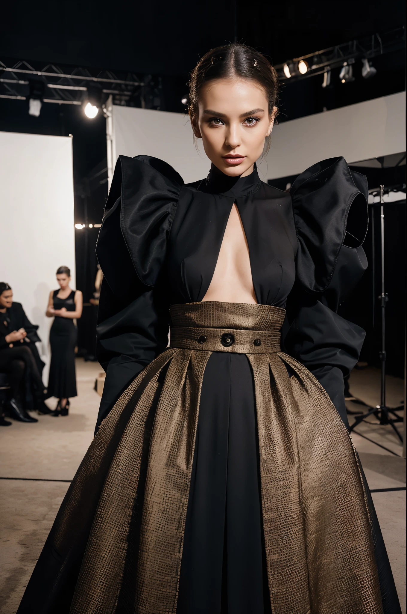 Place her backstage at a prestigious fashion week event, amidst bustling models, designers, and photographers. She wears haute couture or avant-garde fashion, embodying the epitome of style and sophistication while providing her audience with exclusive behind-the-scenes access to the fashion world.