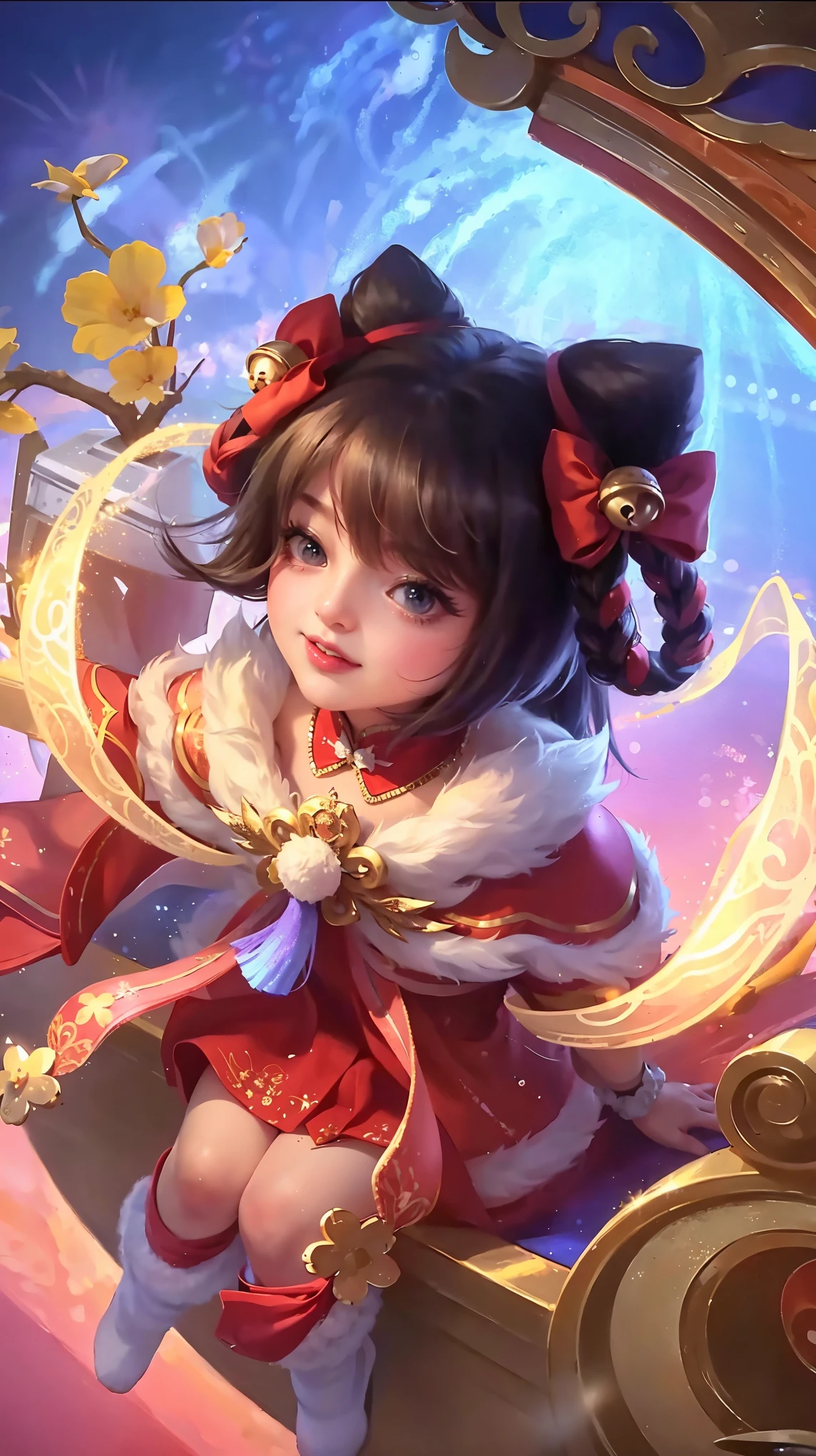 (8k, RAW photo, photorealistic:1.25) ,( lipgloss, eyelashes, gloss-face, glossy skin, best quality, ultra highres, depth of field, chromatic aberration, caustics, Broad lighting, natural shading, looking at viewer with a serene and goddess-like happiness, change from mobile legend game, brown hair, blue eyes, blue ribbon, kimono outfit, dynamic pose, outer space, relisem,