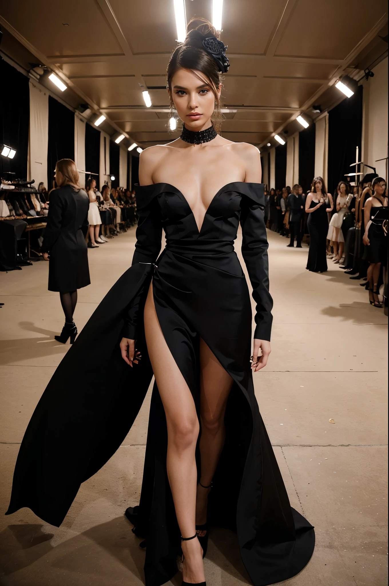 Place her backstage at a prestigious fashion week event, amidst bustling models, designers, and photographers. She wears haute couture or avant-garde fashion, embodying the epitome of style and sophistication while providing her audience with exclusive behind-the-scenes access to the fashion world.