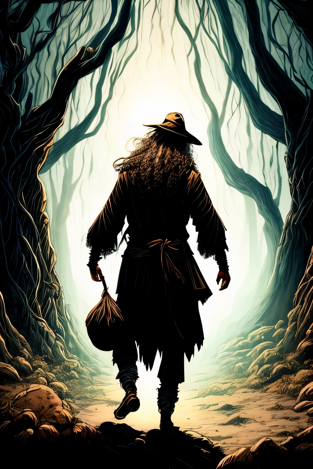 There was a crooked man, with a hunch in his back and a twirl in his step, in the dimly lit forest. His silhouette was etched against the moonlit sky, casting elongated, gnarled shadows. His eyes, two pools of ancient wisdom and mischief, gleamed with a light that seemed to defy the surrounding gloom. A large, woven sack hung heavily from his gnarled hands, filled with the spoils of his daily foraging. His clothing was patched and threadbare, frayed edges catching the moonlight, adding to the mysterious allure of this seemingly forgotten figure. His long, unkempt beard, matted and twisted