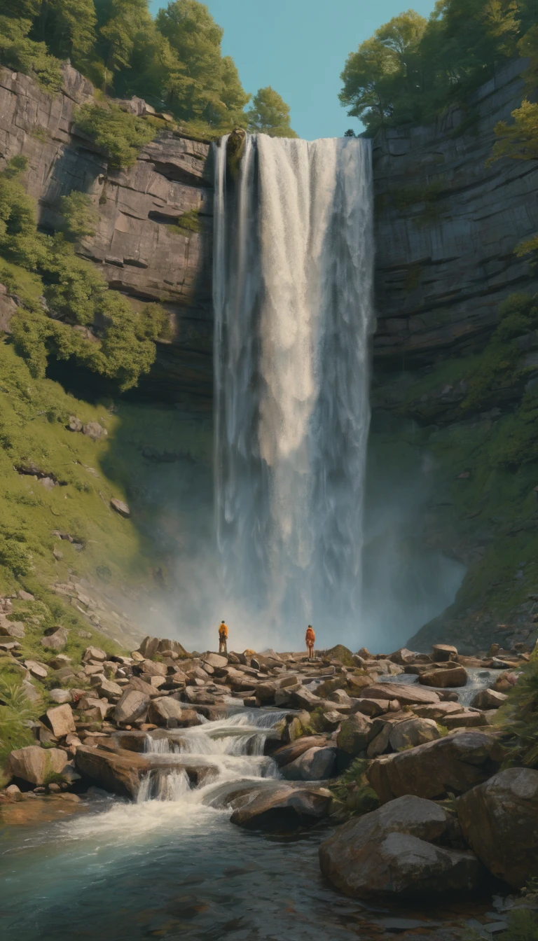 Waterfall by Wes Anderson, best quality, masterpiece, Representative work, official art, Professional, Ultra intricate detailed, 8k