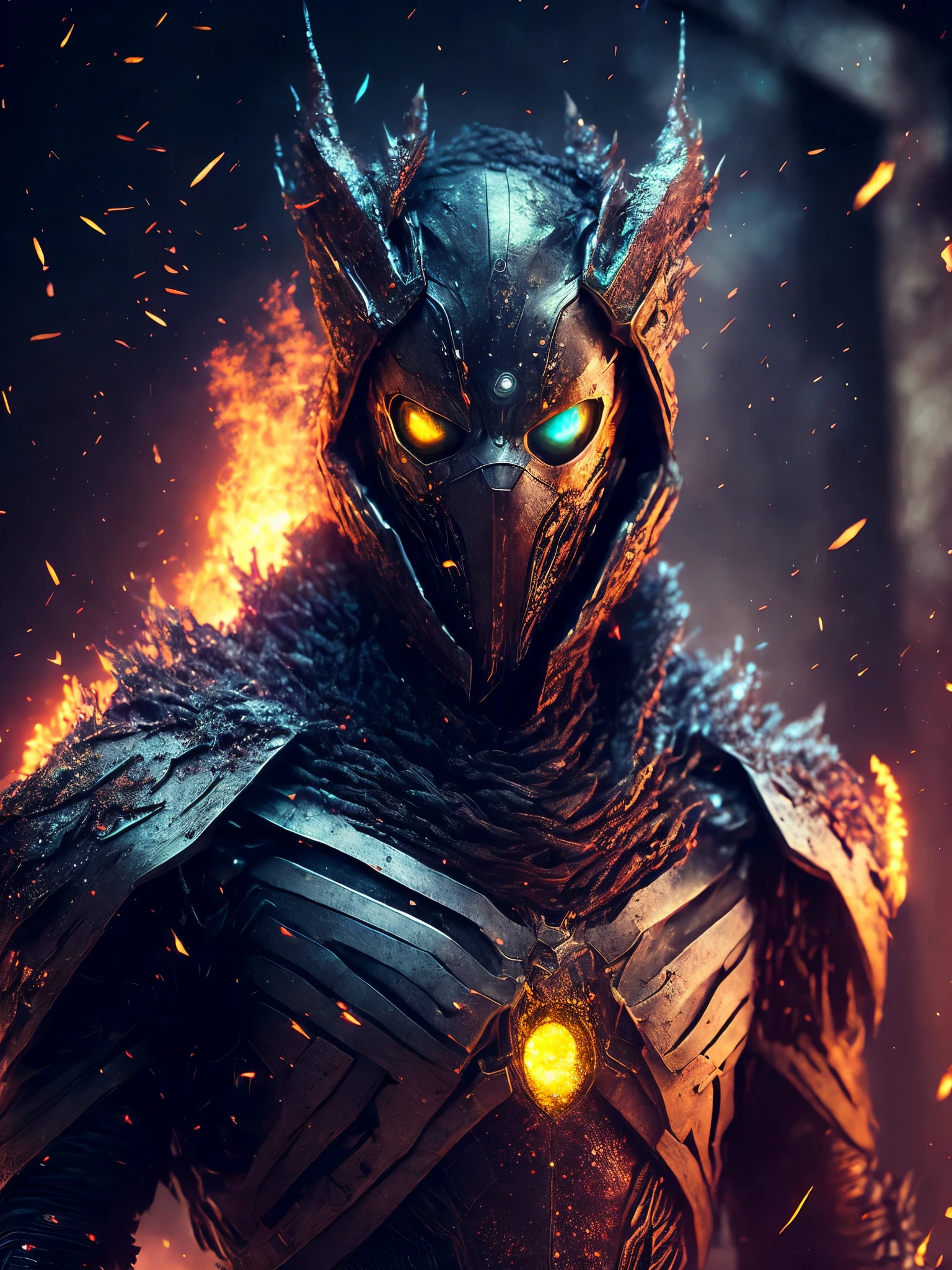 breathtaking cinematic science fiction photo of a full body of a non-human masked supervillain made of ashes, body full of falling ashes and glowing metrics inside, glowing multicoloured eyes, multifaceted eyes, metallic arms, inside a destroyed building, extremely menacing creature, highly detailed, award-winning